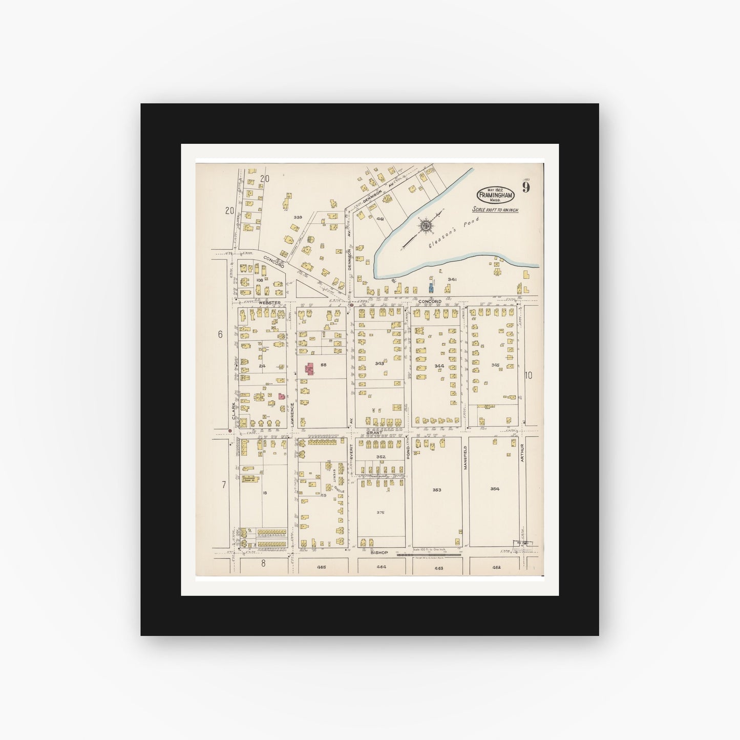 Old map wall art mockup — black gallery frame with white mat — Sanborn Fire Insurance Map from Framingham, Middlesex County, Massachusetts (1922), Sheet #0009