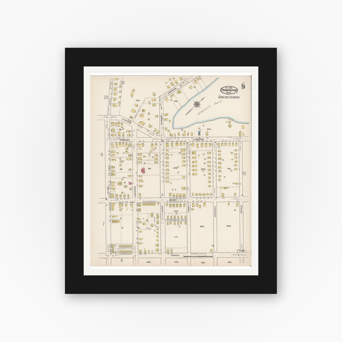 Old map wall art mockup — black gallery frame with white mat — Sanborn Fire Insurance Map from Framingham, Middlesex County, Massachusetts (1922), Sheet #0009