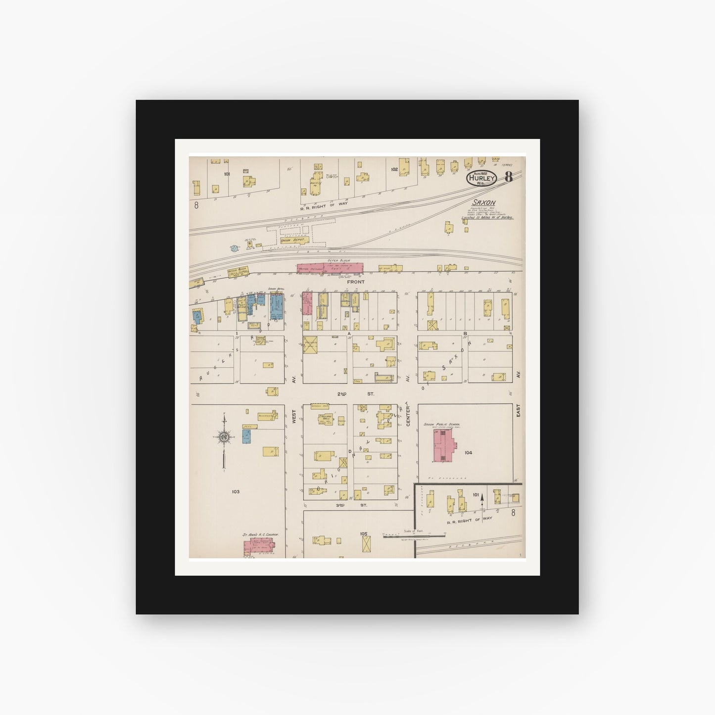 Old map wall art mockup — black gallery frame with white mat — Sanborn Fire Insurance Map from Hurley, Iron County, Wisconsin (1922), Sheet #0008