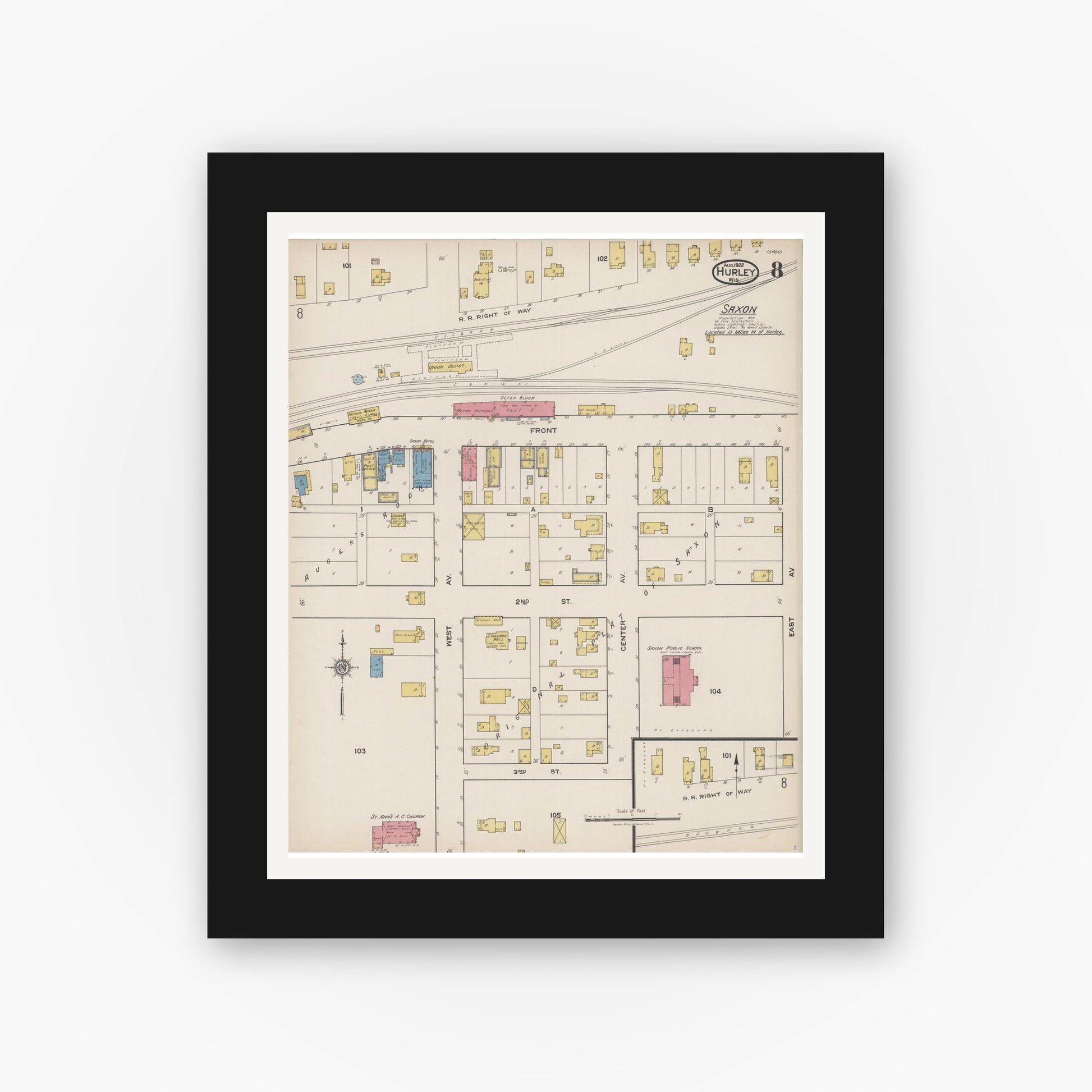 Old map wall art mockup — black gallery frame with white mat — Sanborn Fire Insurance Map from Hurley, Iron County, Wisconsin (1922), Sheet #0008