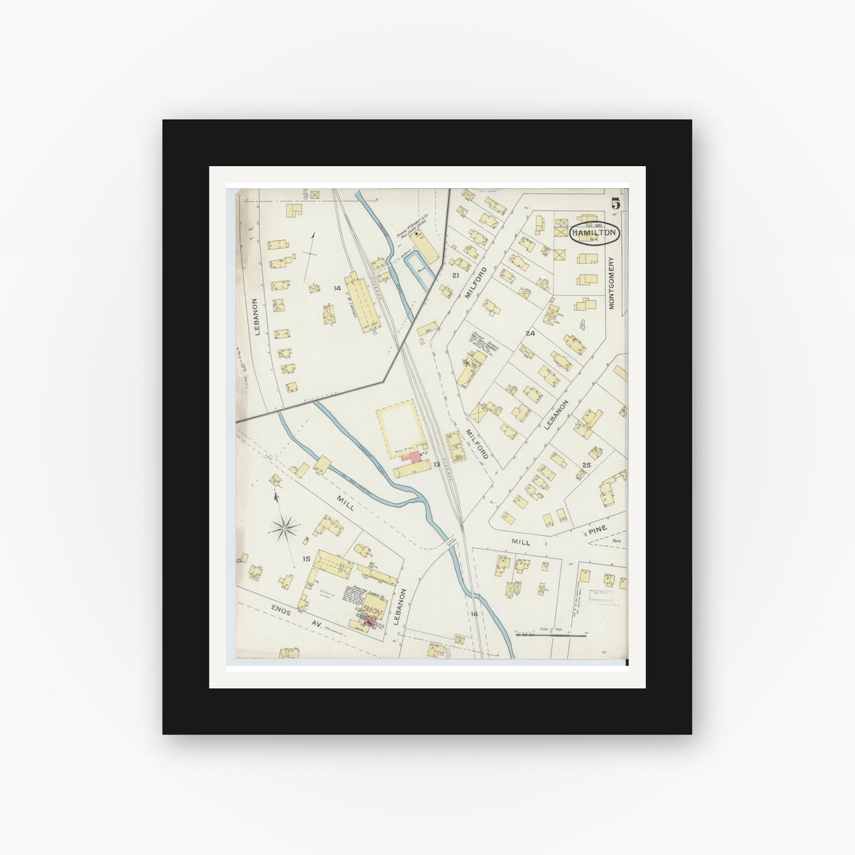 Old map wall art mockup — black gallery frame with white mat — Sanborn Fire Insurance Map from Hamilton, Madison County, New York (1893), Sheet #0005