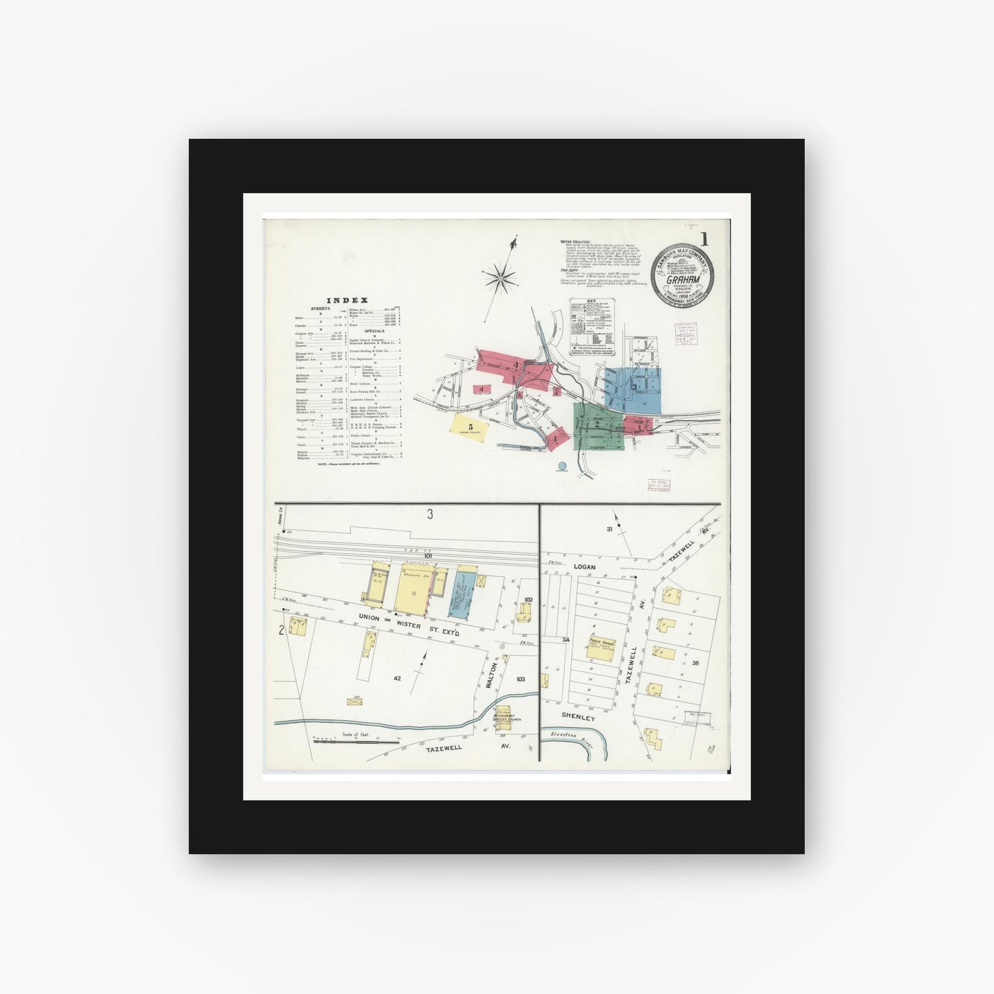 Old map wall art mockup — black gallery frame with white mat — Sanborn Fire Insurance Map from Graham, Tazewell County, Virginia (1908) - Complete Map Set