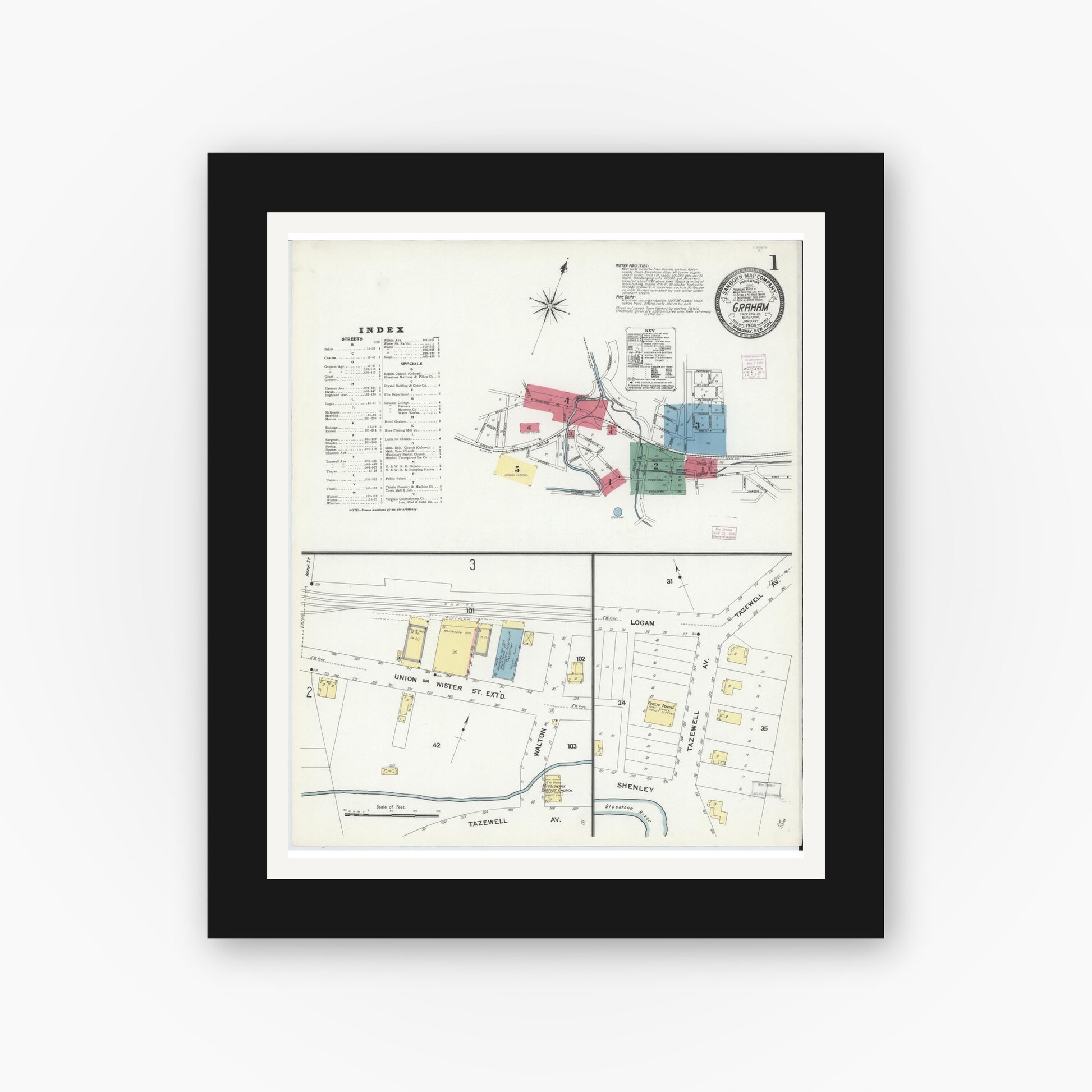 Old map wall art mockup — black gallery frame with white mat — Sanborn Fire Insurance Map from Graham, Tazewell County, Virginia (1908) - Complete Map Set