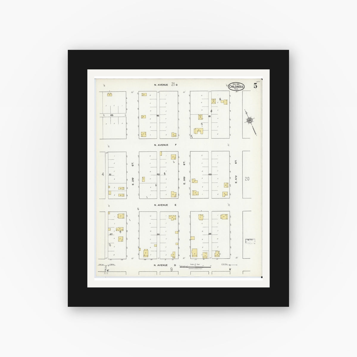 Old map wall art mockup — black gallery frame with white mat — Sanborn Fire Insurance Map from Childress, Childress County, Texas (1921), Sheet #0005
