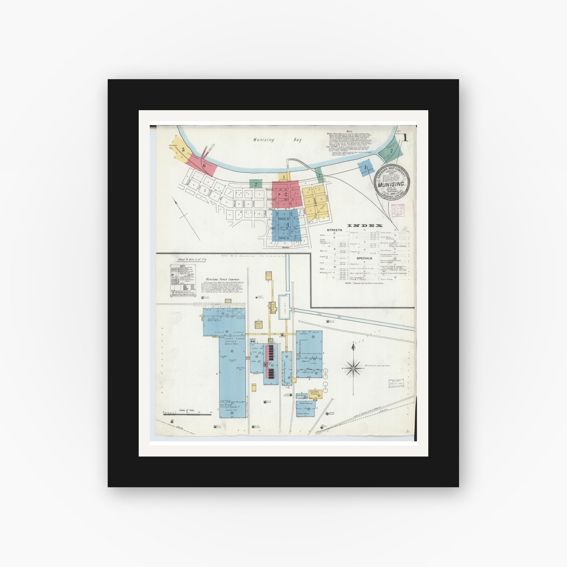Old map wall art mockup — black gallery frame with white mat — Sanborn Fire Insurance Map from Munising, Alger County, Michigan (1906), Sheet #0001