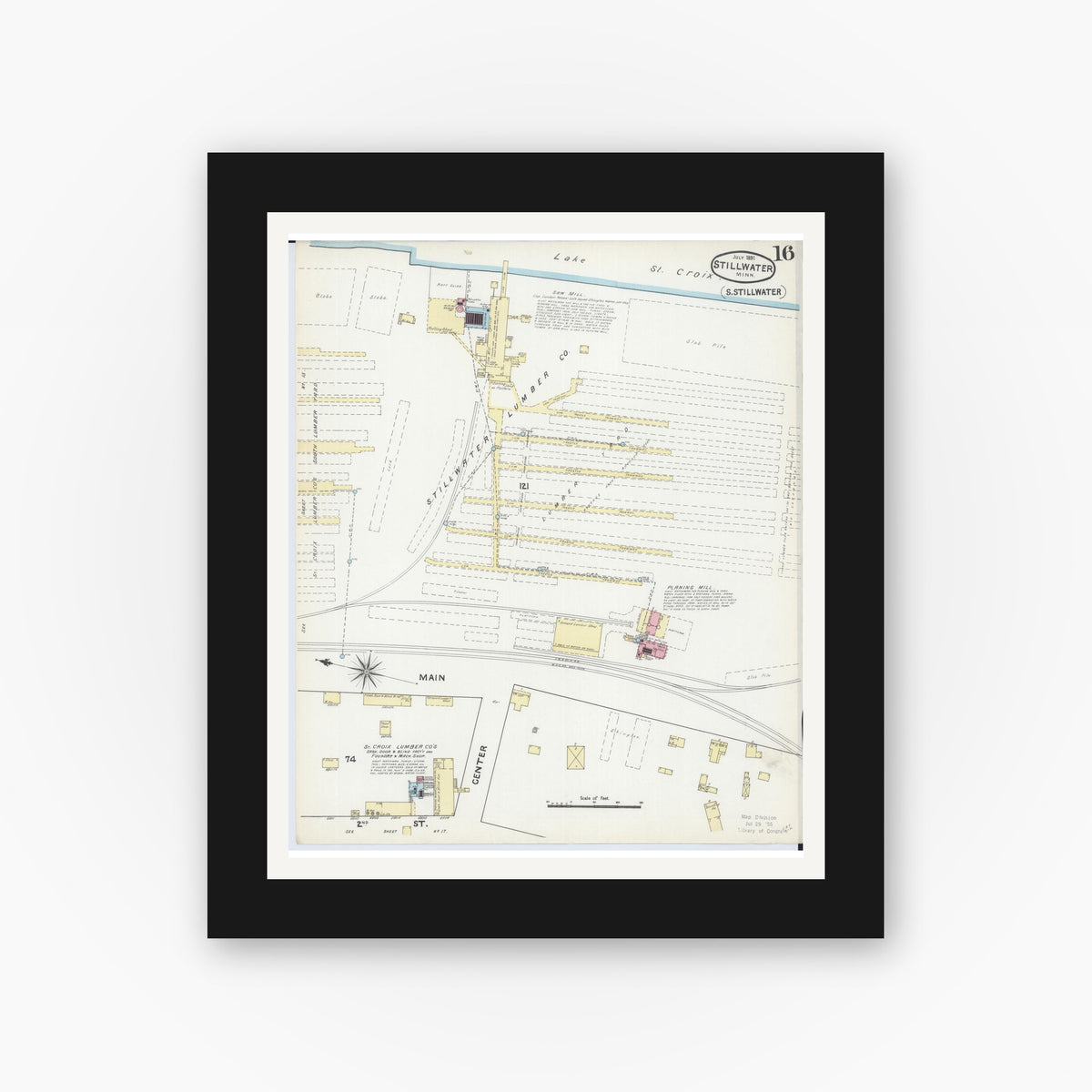 Old map wall art mockup — black gallery frame with white mat — Sanborn Fire Insurance Map from Stillwater, Washington County, Minnesota (1891), Sheet #0016