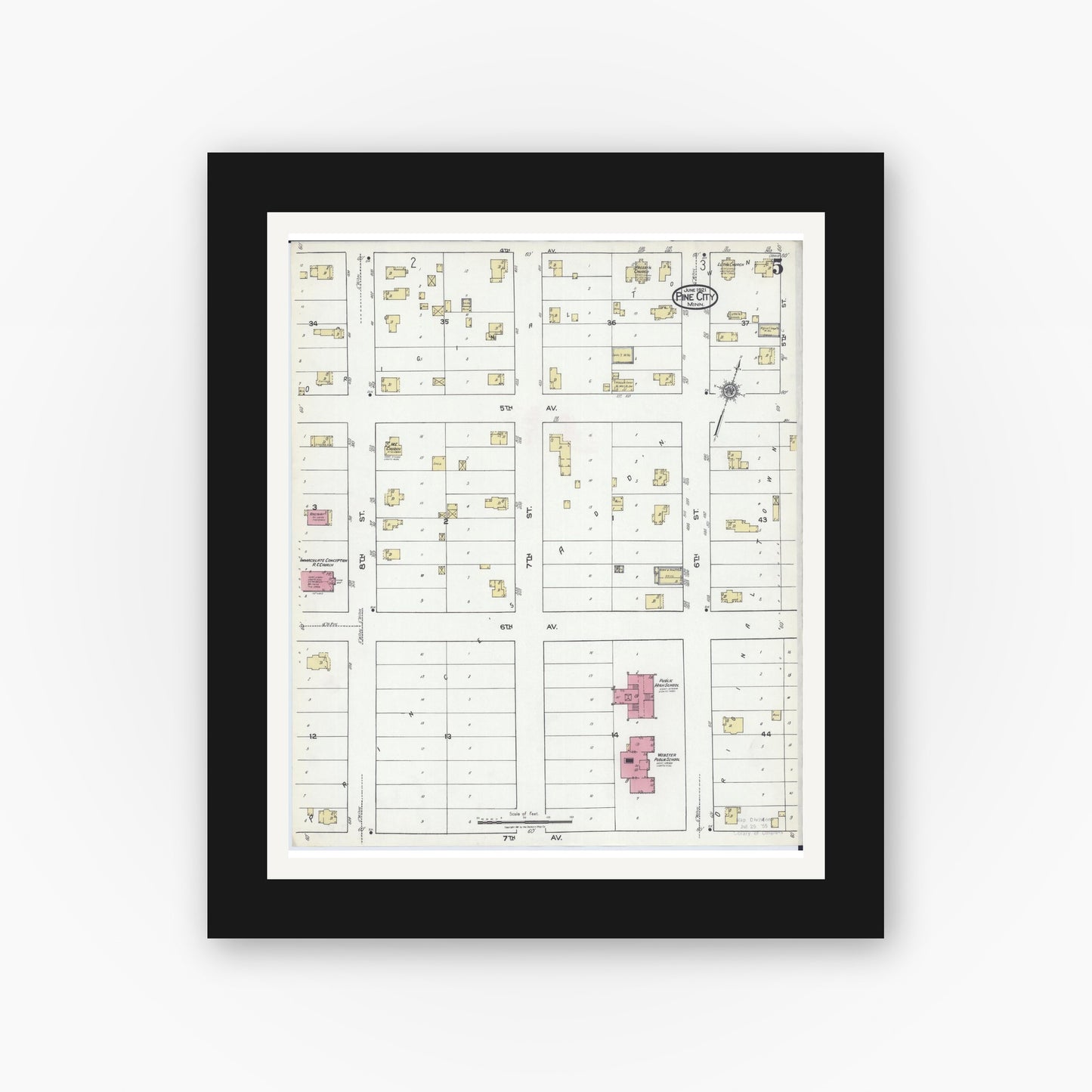 Old map wall art mockup — black gallery frame with white mat — Sanborn Fire Insurance Map from Pine City, Pine County, Minnesota (1921), Sheet #0005
