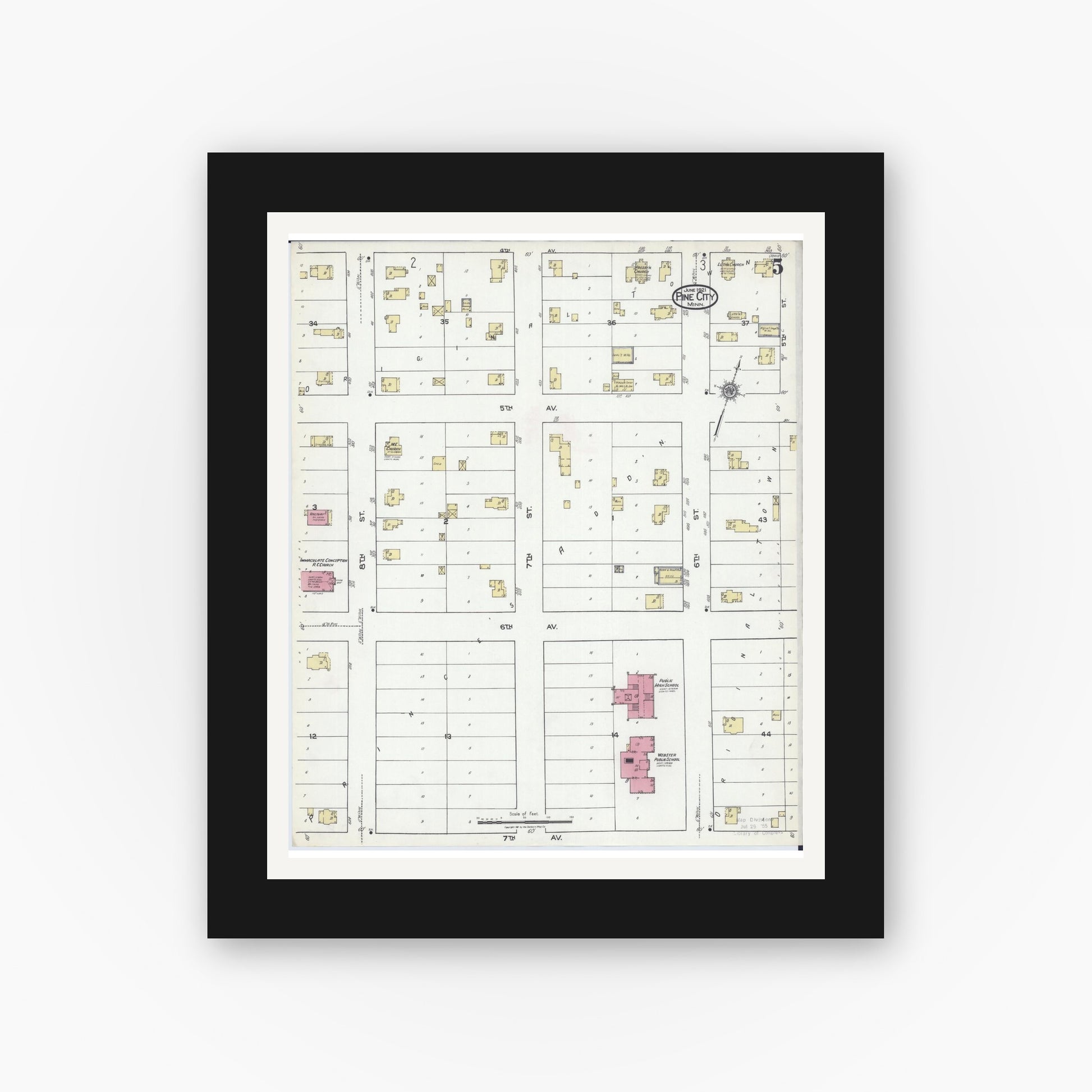 Old map wall art mockup — black gallery frame with white mat — Sanborn Fire Insurance Map from Pine City, Pine County, Minnesota (1921), Sheet #0005