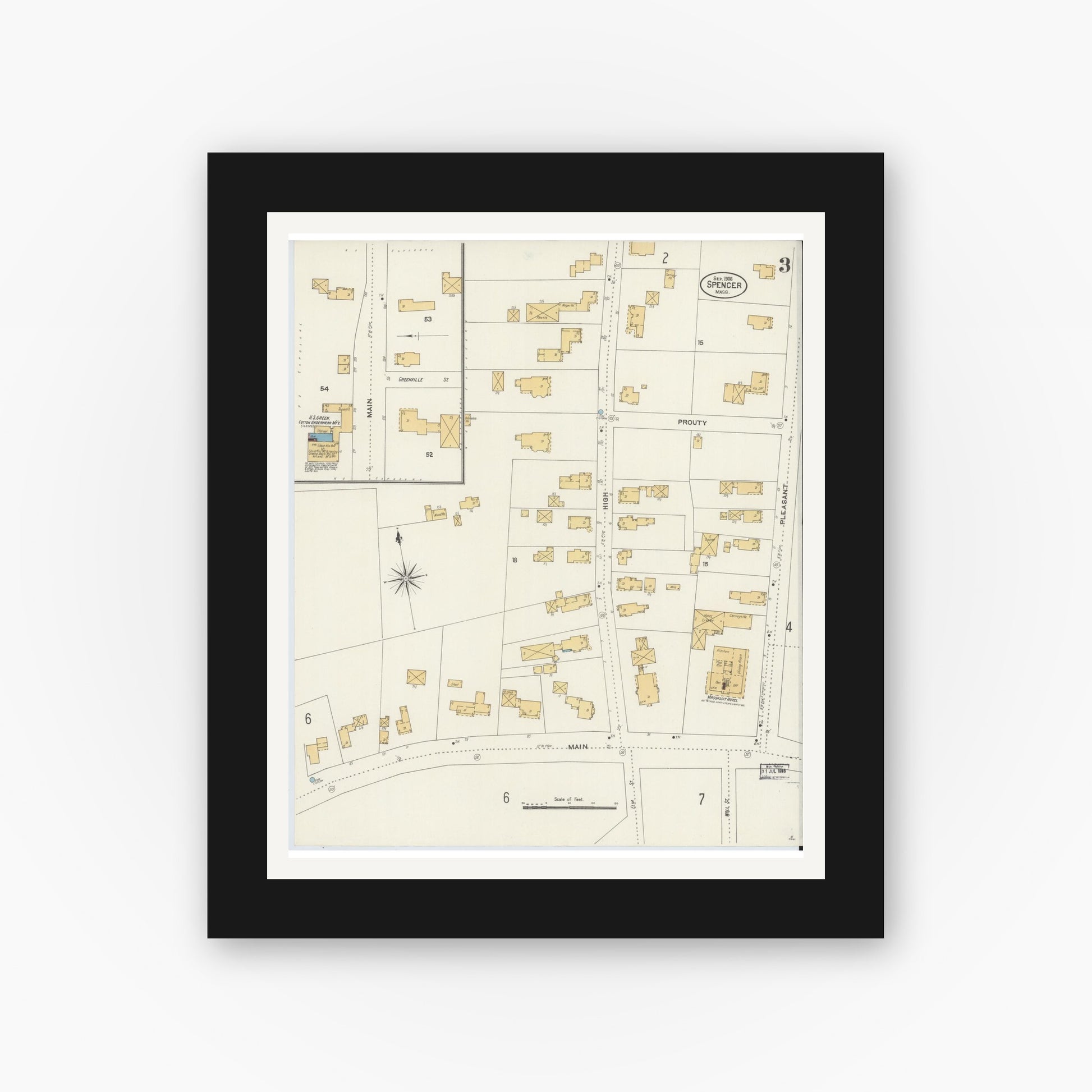 Old map wall art mockup — black gallery frame with white mat — Sanborn Fire Insurance Map from Spencer, Worcester County, Massachusetts (1906), Sheet #0003