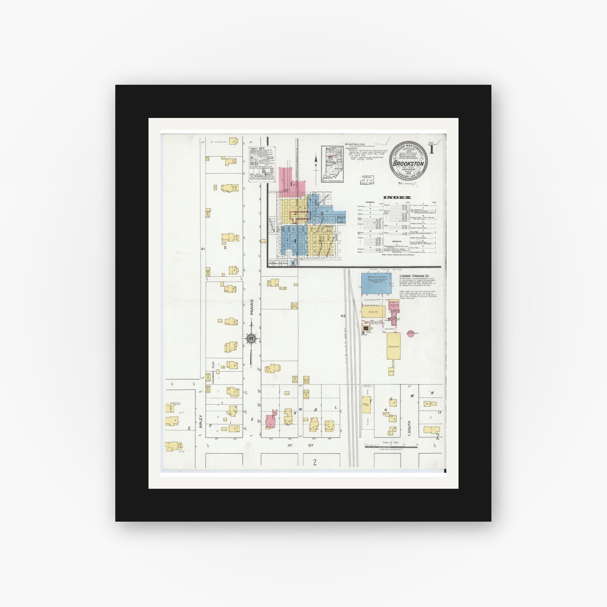 Old map wall art mockup — black gallery frame with white mat — Sanborn Fire Insurance Map from Brookston, White County, Indiana (1919) - Complete Map Set