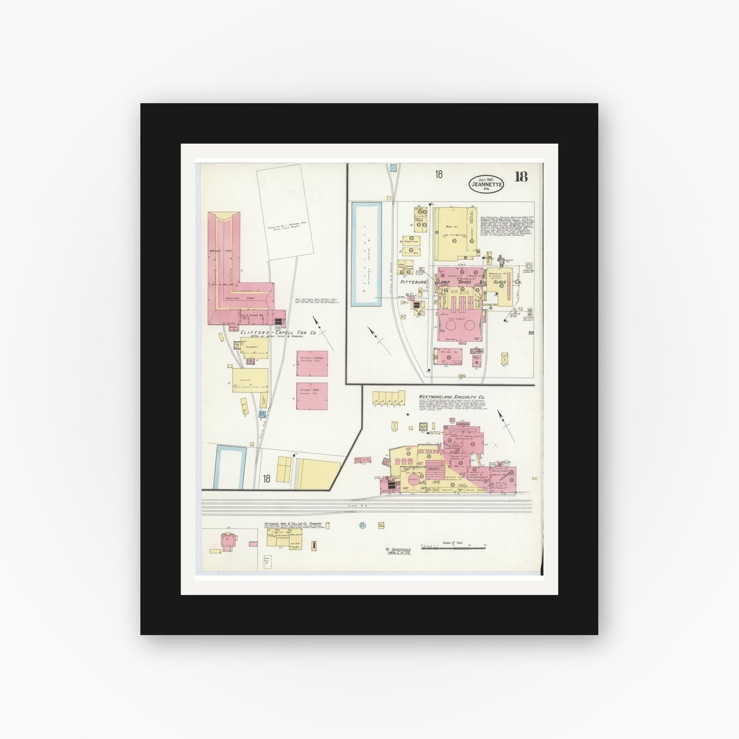 Old map wall art mockup — black gallery frame with white mat — Sanborn Fire Insurance Map from Jeannette, Westmoreland County, Pennsylvania (1910), Sheet #0018