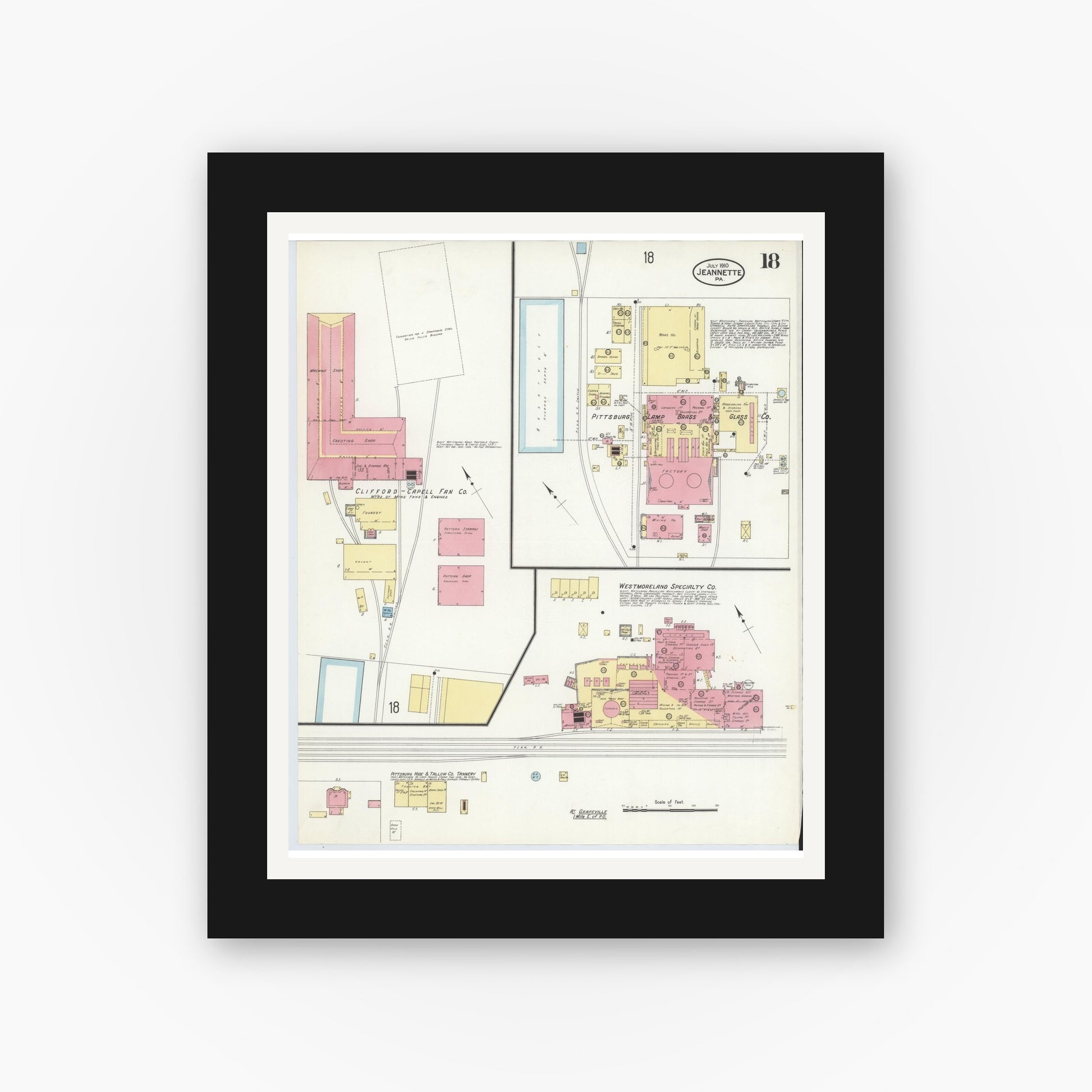 Old map wall art mockup — black gallery frame with white mat — Sanborn Fire Insurance Map from Jeannette, Westmoreland County, Pennsylvania (1910), Sheet #0018