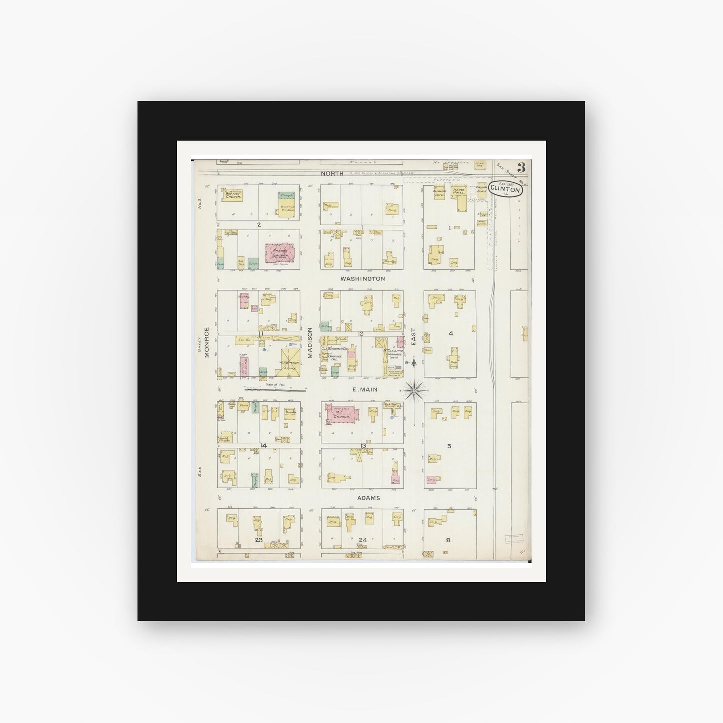 Old map wall art mockup — black gallery frame with white mat — Sanborn Fire Insurance Map from Clinton, De Witt County, Illinois (1887), Sheet #0003