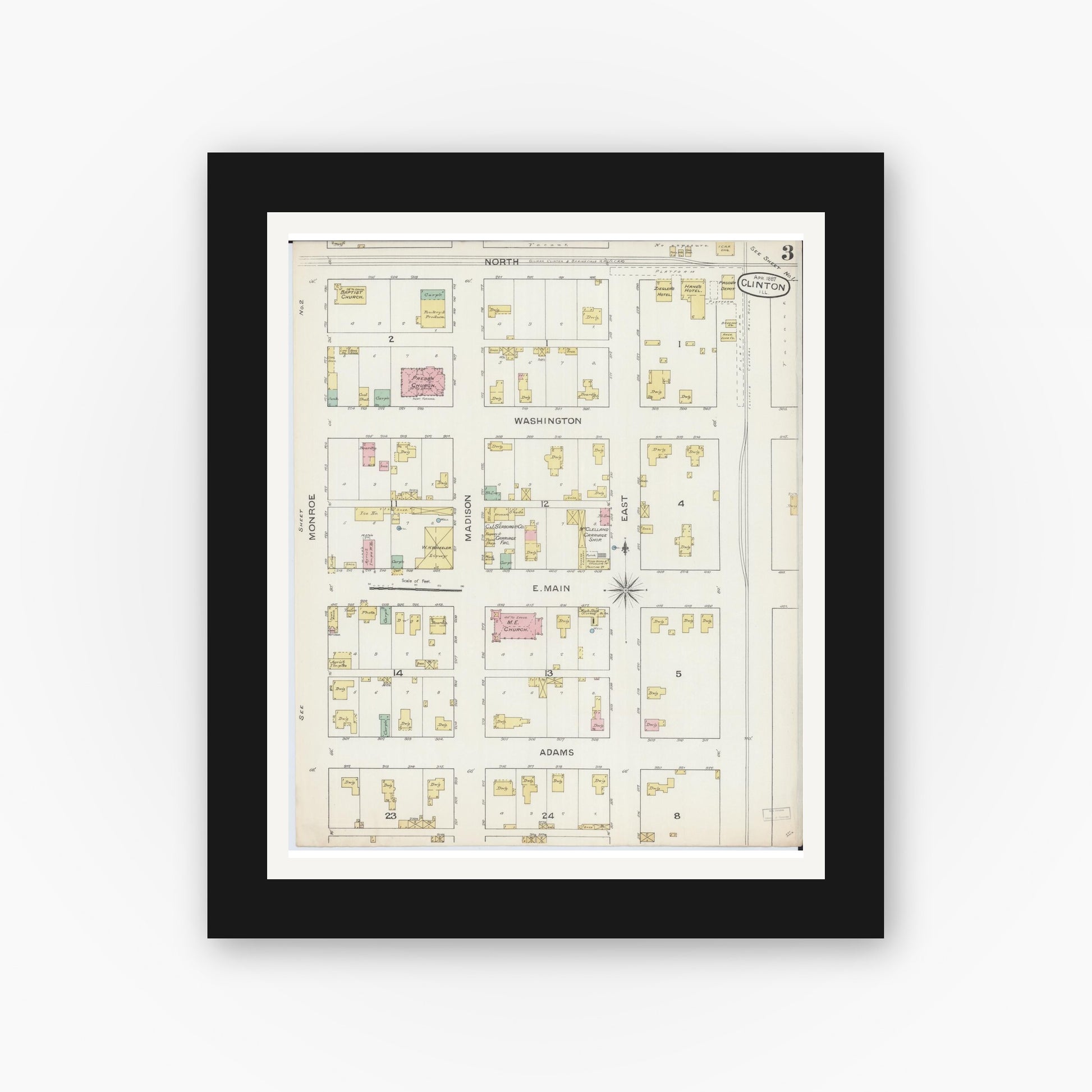 Old map wall art mockup — black gallery frame with white mat — Sanborn Fire Insurance Map from Clinton, De Witt County, Illinois (1887), Sheet #0003