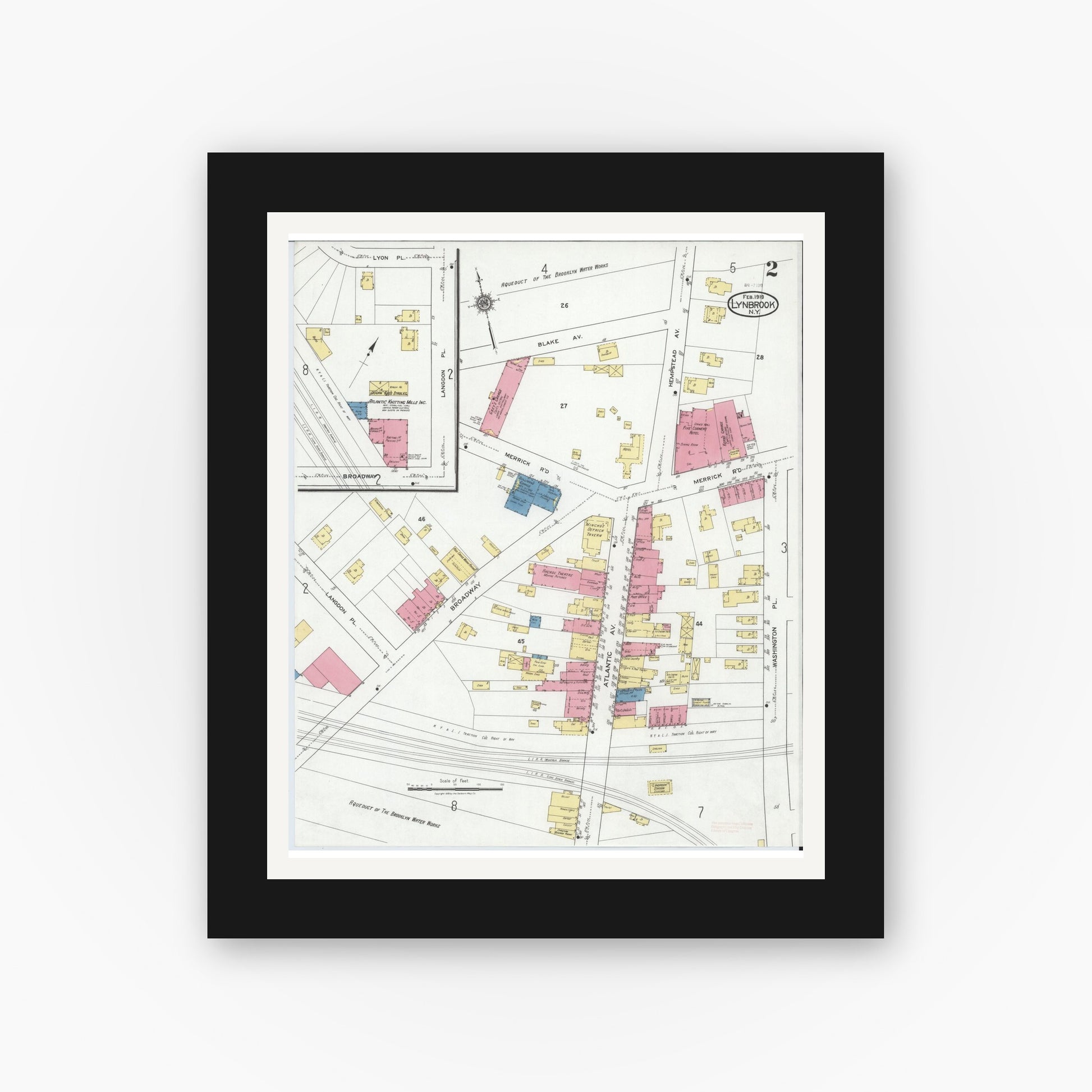 Old map wall art mockup — black gallery frame with white mat — Sanborn Fire Insurance Map from Lynbrook, Nassau County, New York (1919), Sheet #0002