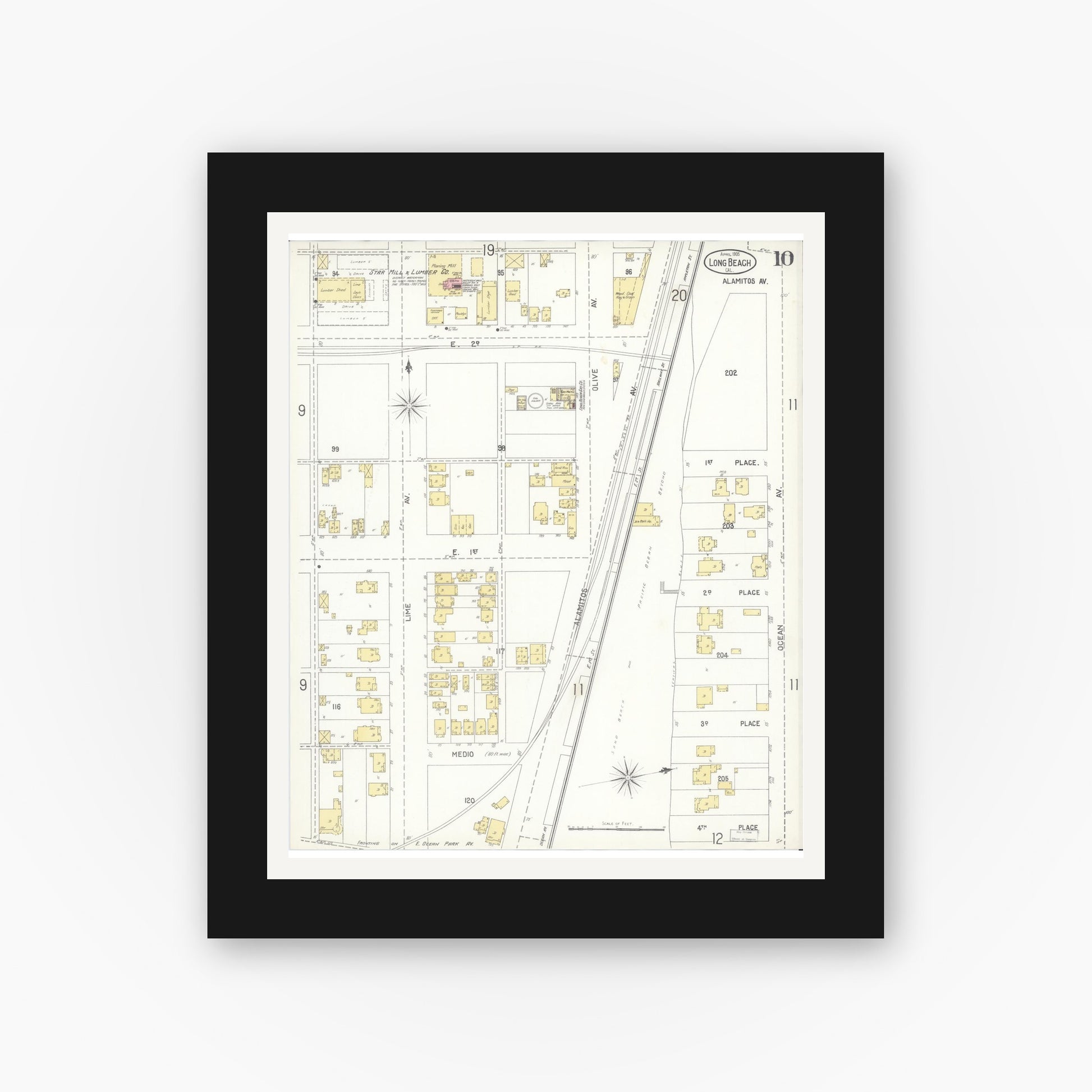 Old map wall art mockup — black gallery frame with white mat — Sanborn Fire Insurance Map from Long Beach, Los Angeles County, California (1905), Sheet #0010