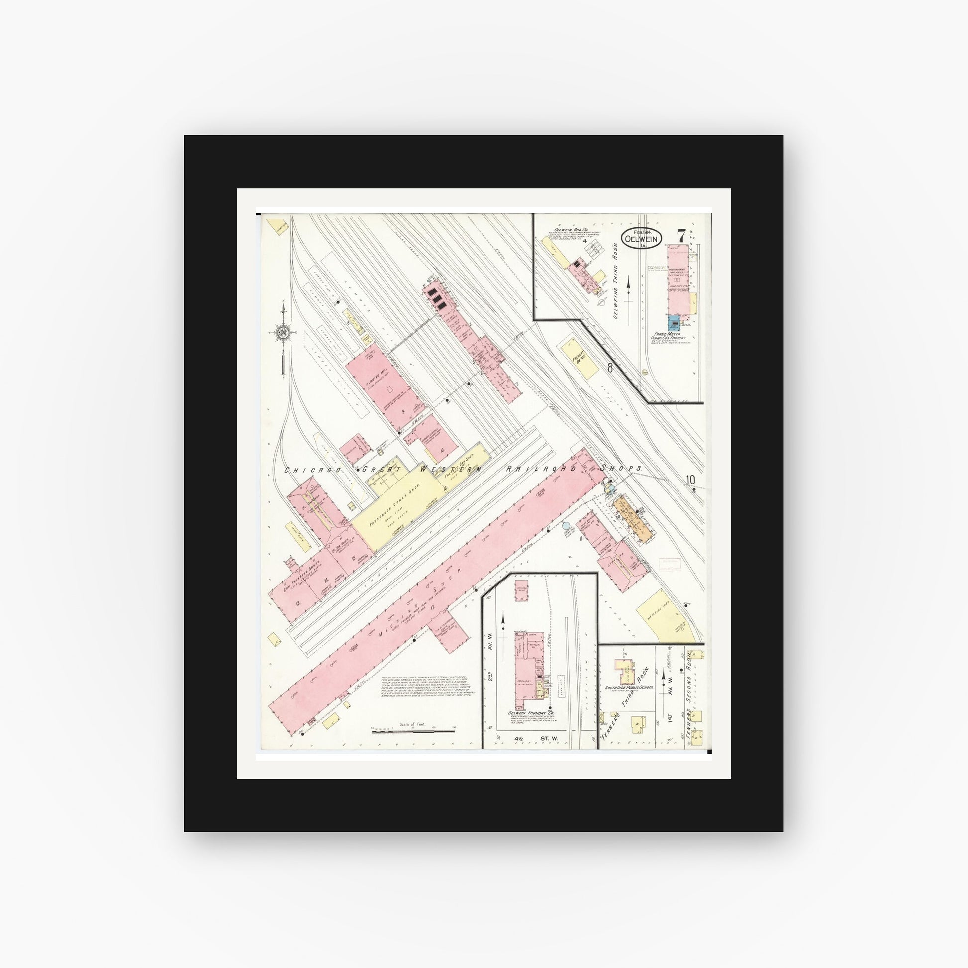 Old map wall art mockup — black gallery frame with white mat — Sanborn Fire Insurance Map from Oelwein, Fayette County, Iowa (1914), Sheet #0007