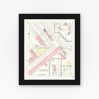 Old map wall art mockup — black gallery frame with white mat — Sanborn Fire Insurance Map from Oelwein, Fayette County, Iowa (1914), Sheet #0007