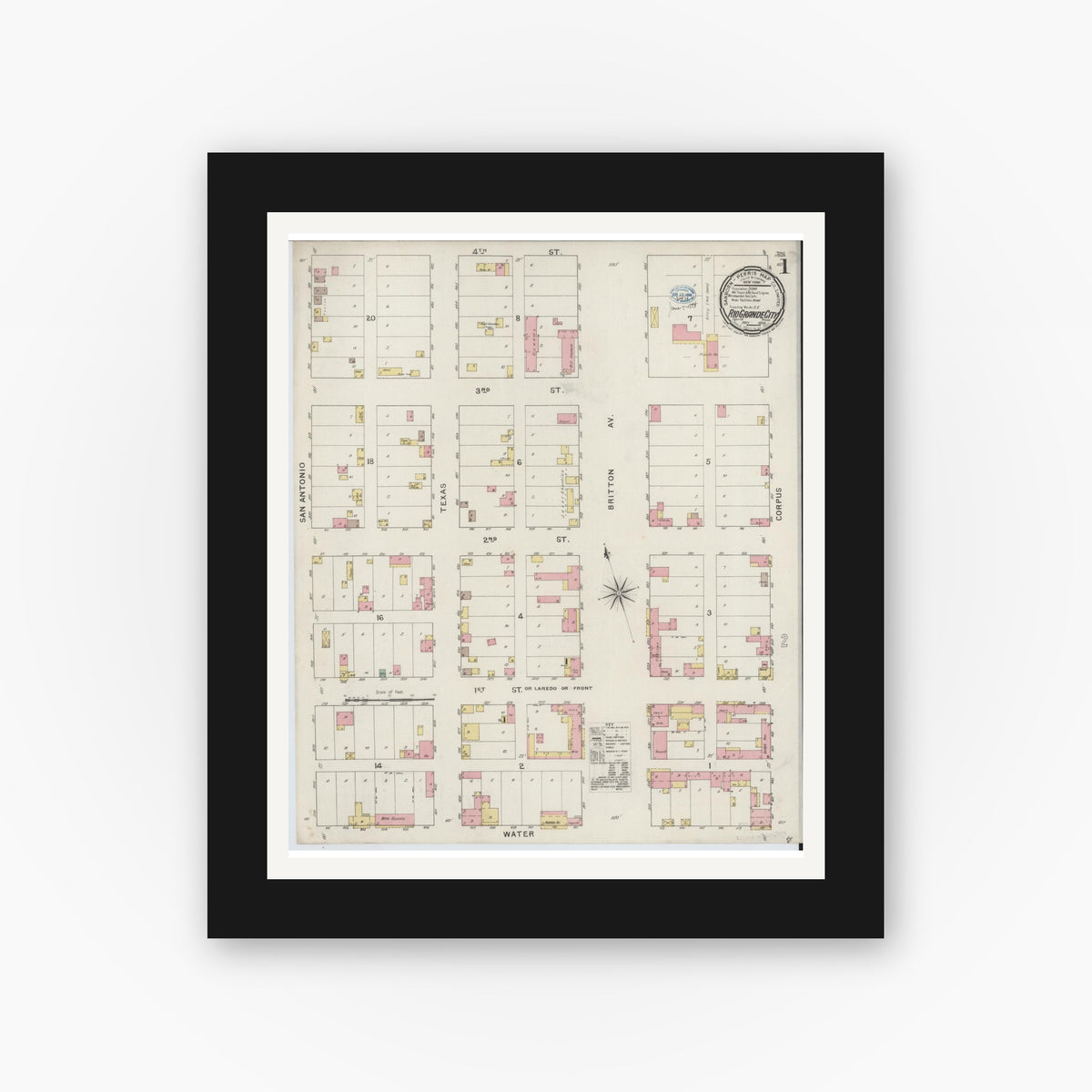 Old map wall art mockup — black gallery frame with white mat — Sanborn Fire Insurance Map from Rio Grande City, Starr County, Texas (1894), Sheet #0001