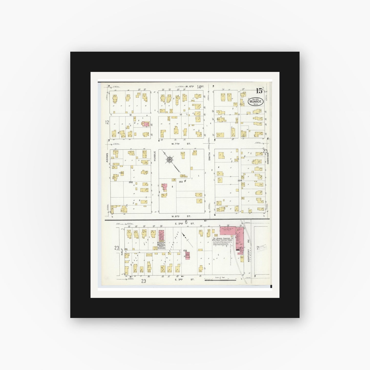 Old map wall art mockup — black gallery frame with white mat — Sanborn Fire Insurance Map from Monroe, Monroe County, Michigan (1916), Sheet #0015