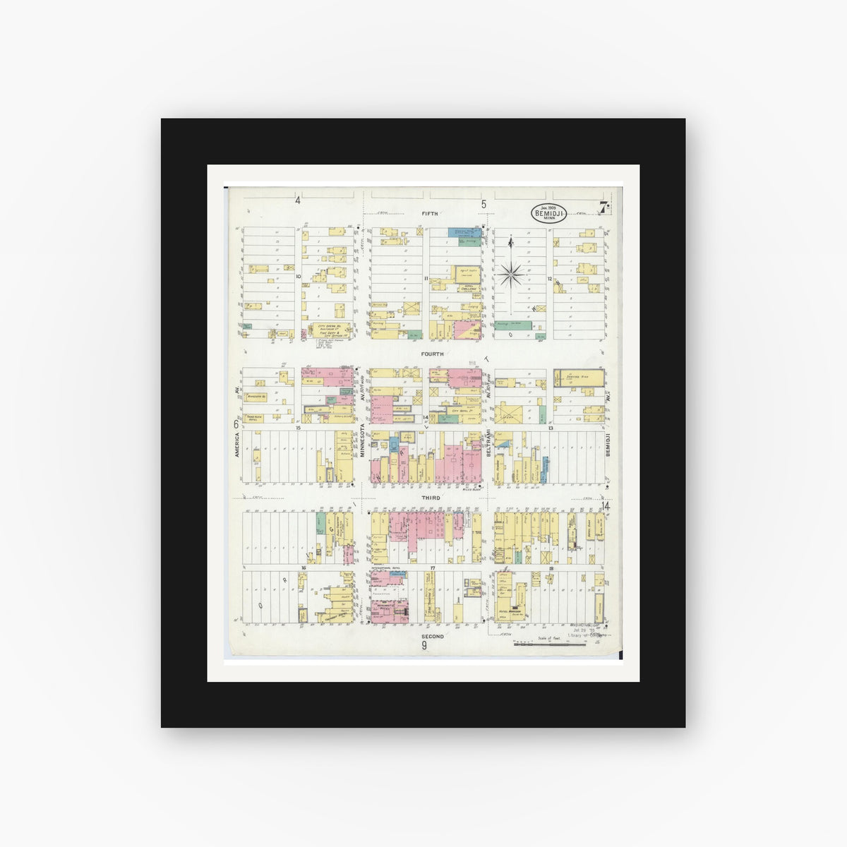 Old map wall art mockup — black gallery frame with white mat — Sanborn Fire Insurance Map from Bemidji, Beltrami County, Minnesota (1909), Sheet #0007