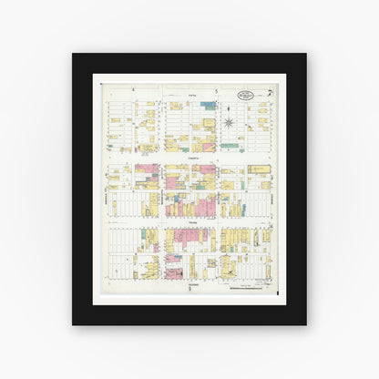 Old map wall art mockup — black gallery frame with white mat — Sanborn Fire Insurance Map from Bemidji, Beltrami County, Minnesota (1909), Sheet #0007