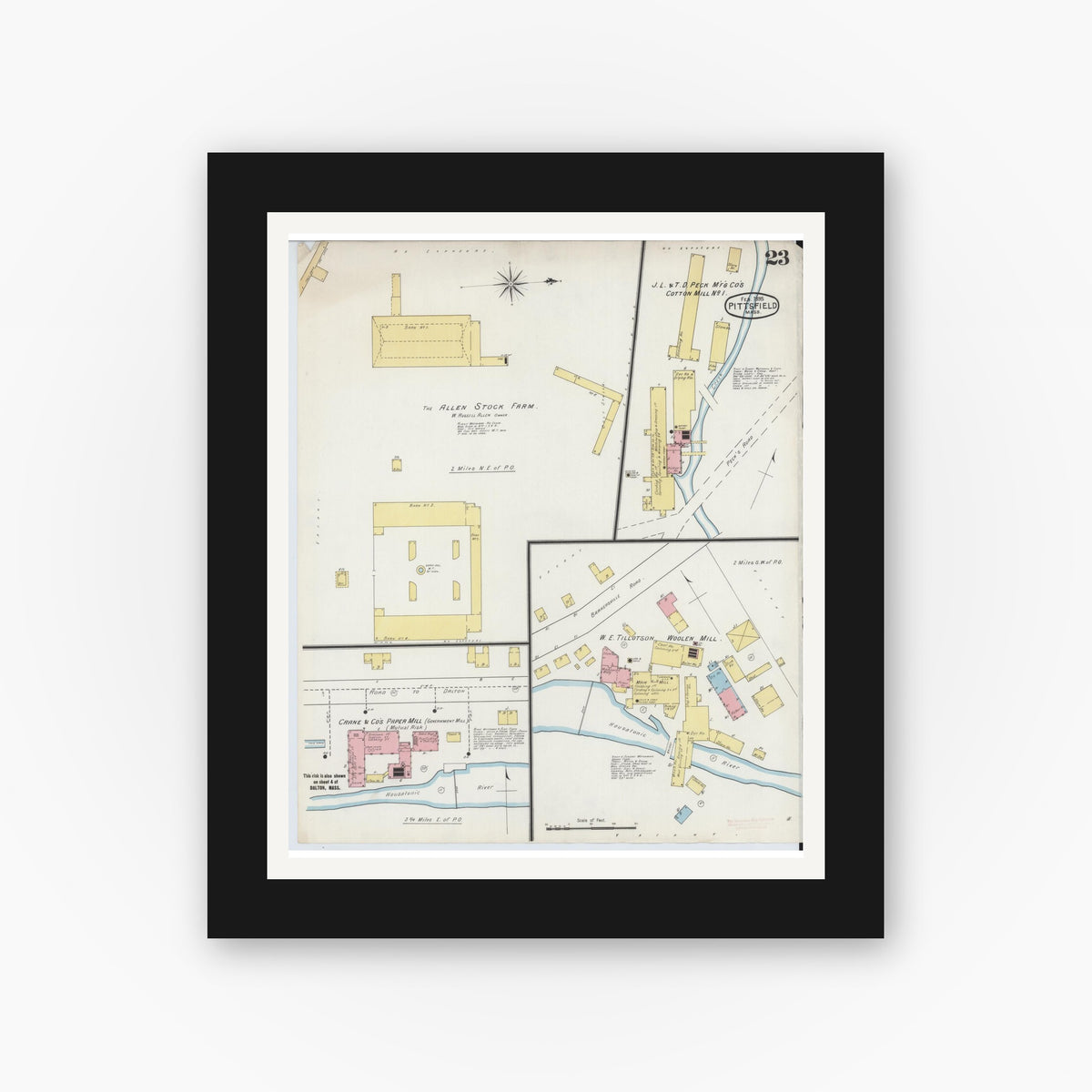 Old map wall art mockup — black gallery frame with white mat — Sanborn Fire Insurance Map from Pittsfield, Berkshire County, Massachusetts (1895), Sheet #0023