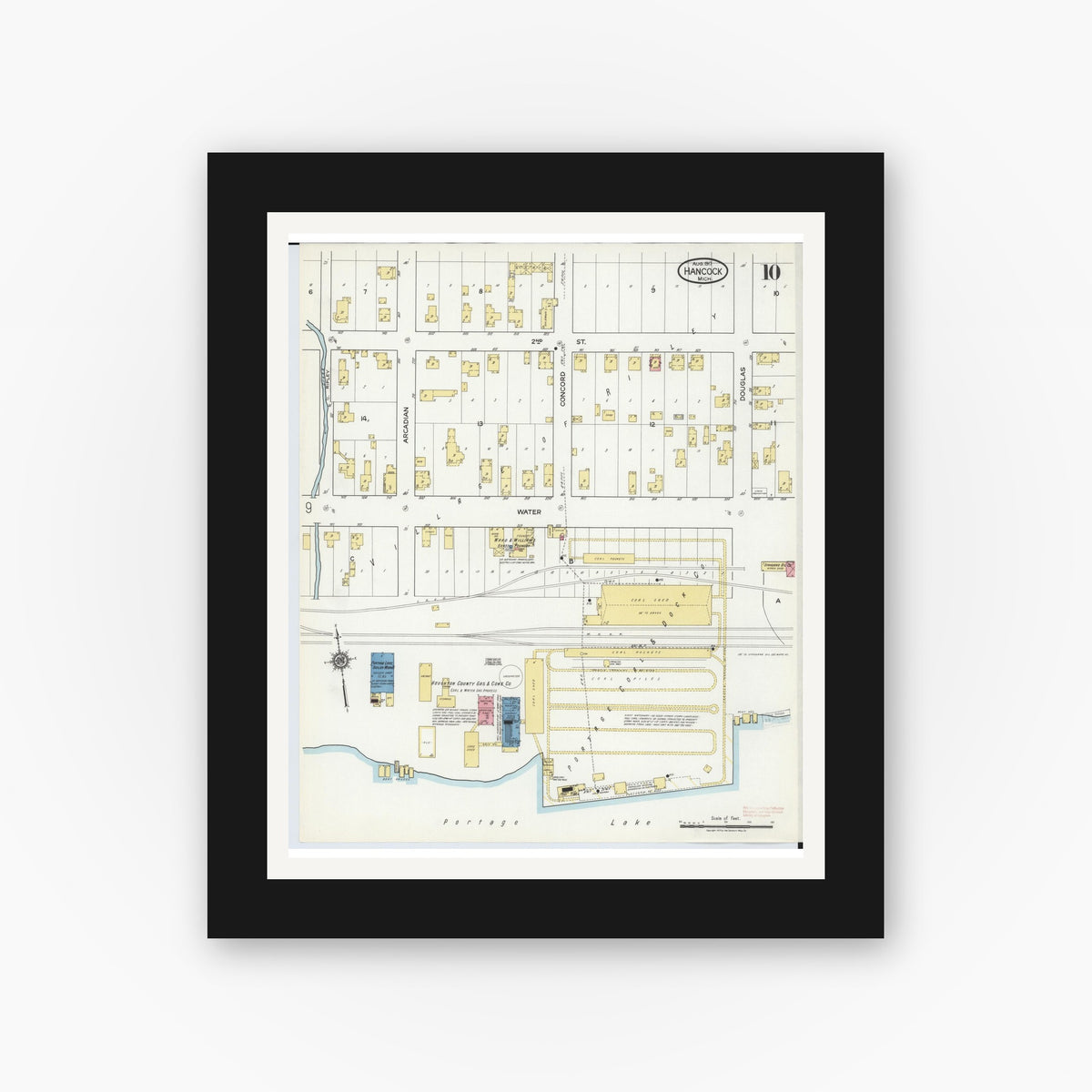 Old map wall art mockup — black gallery frame with white mat — Sanborn Fire Insurance Map from Hancock, Houghton County, Michigan (1917), Sheet #0010