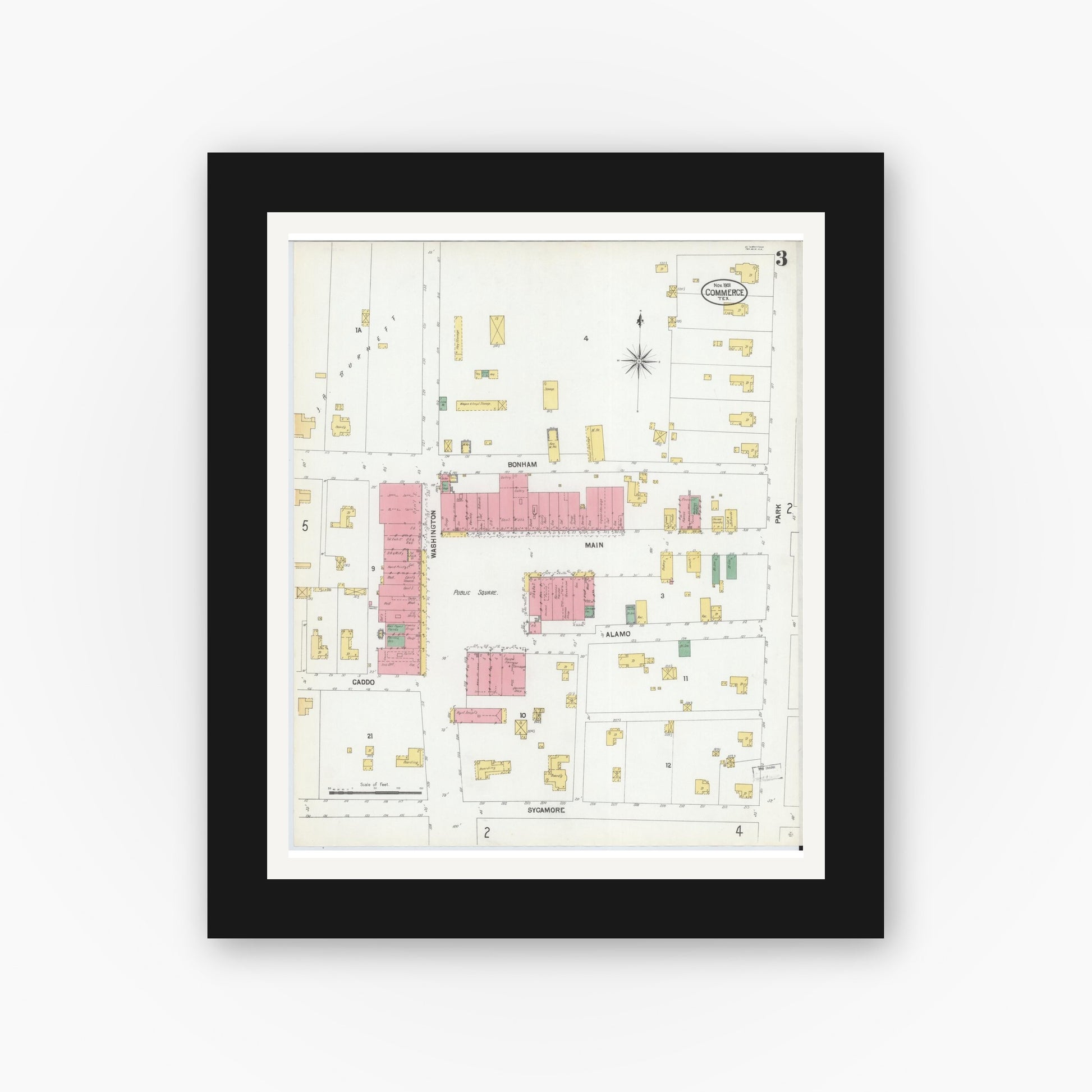 Old map wall art mockup — black gallery frame with white mat — Sanborn Fire Insurance Map from Commerce, Hunt County, Texas (1901), Sheet #0003