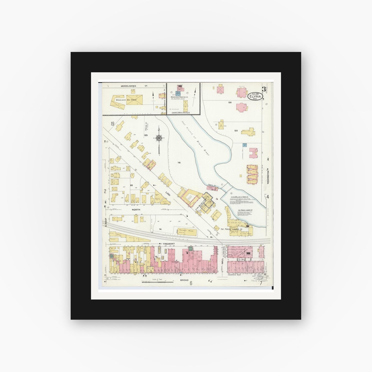 Old map wall art mockup — black gallery frame with white mat — Sanborn Fire Insurance Map from Elyria, Lorain County, Ohio (1910), Sheet #0003