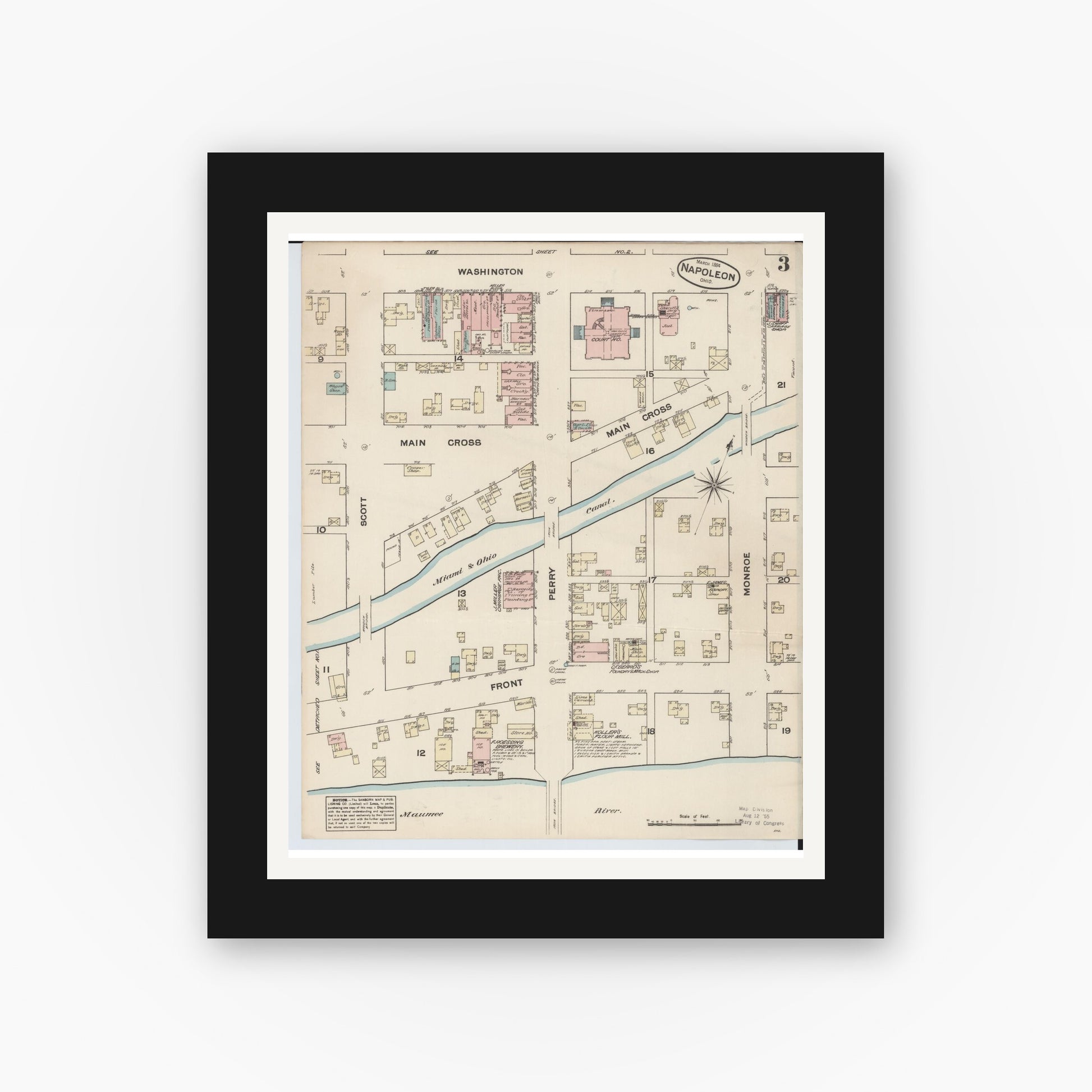 Old map wall art mockup — black gallery frame with white mat — Sanborn Fire Insurance Map from Napoleon, Henry County, Ohio (1884), Sheet #0003