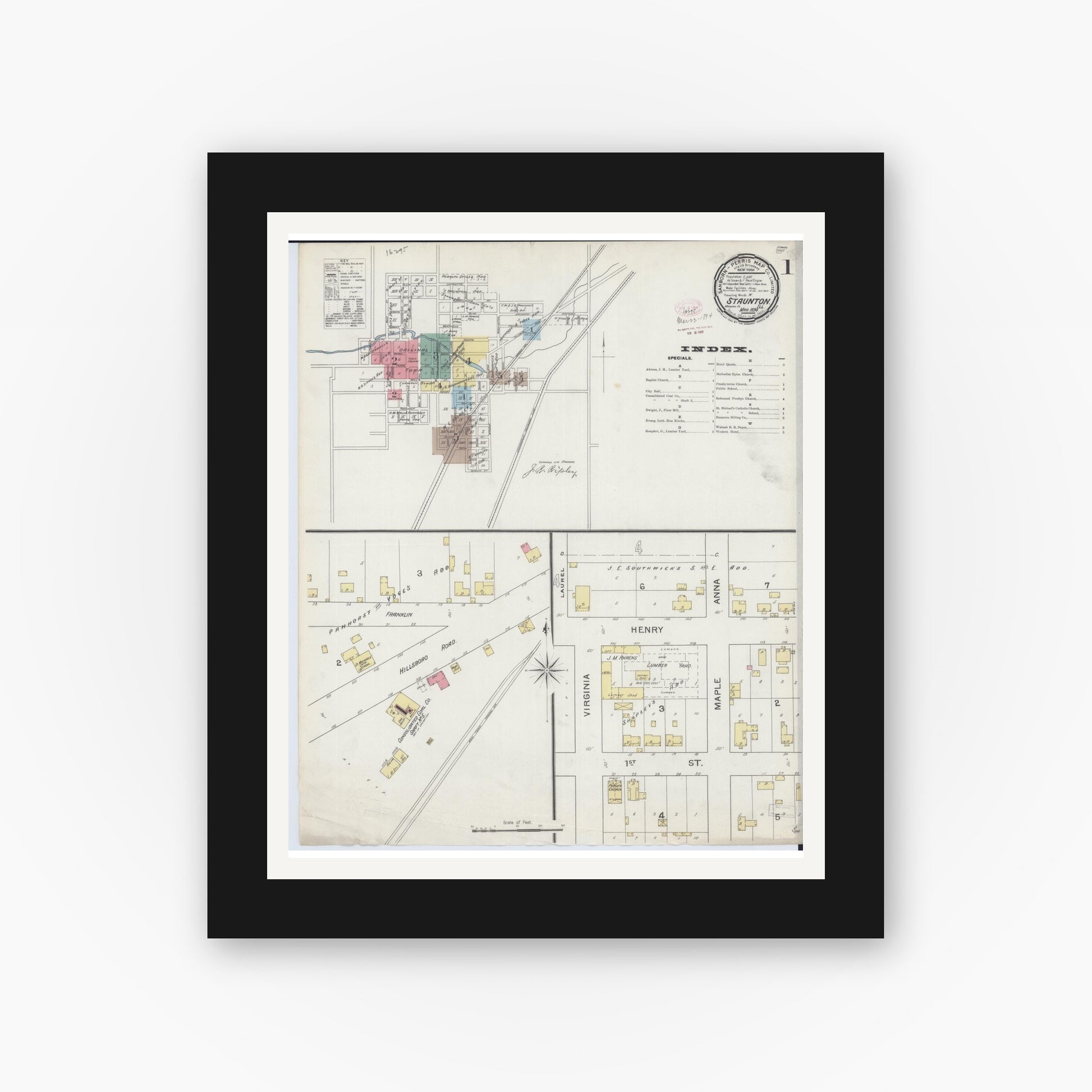 Old map wall art mockup — black gallery frame with white mat — Sanborn Fire Insurance Map from Staunton, Macoupin County, Illinois (1894), Sheet #0001