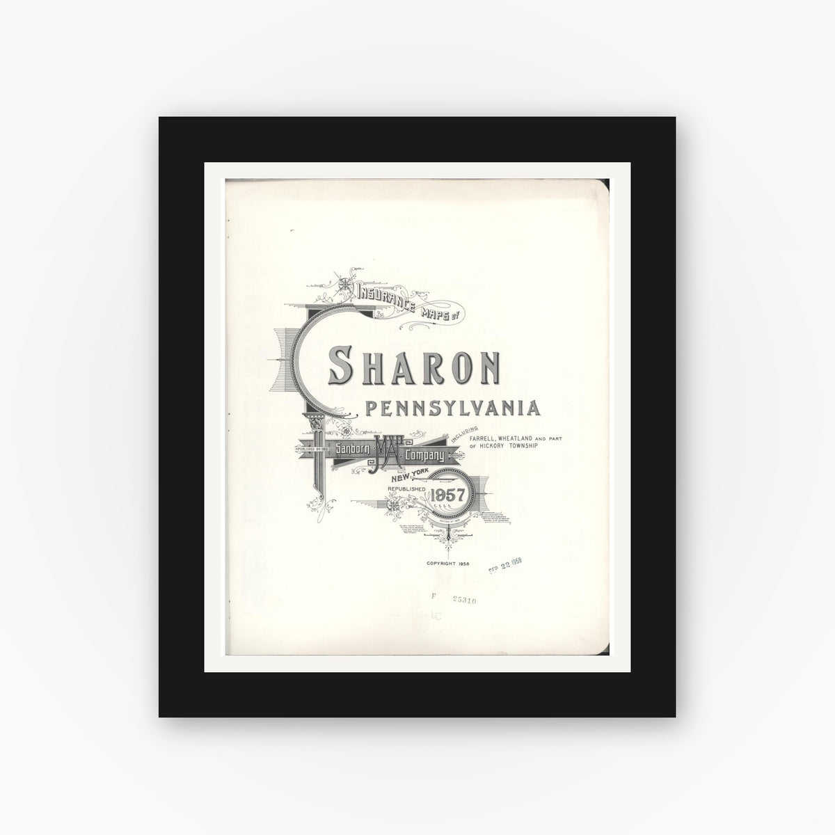 Old map wall art mockup — black gallery frame with white mat — Sanborn Fire Insurance Map from Sharon, Mercer County, Pennsylvania (1958), Sheet #0001