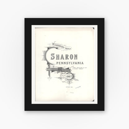 Old map wall art mockup — black gallery frame with white mat — Sanborn Fire Insurance Map from Sharon, Mercer County, Pennsylvania (1958), Sheet #0001