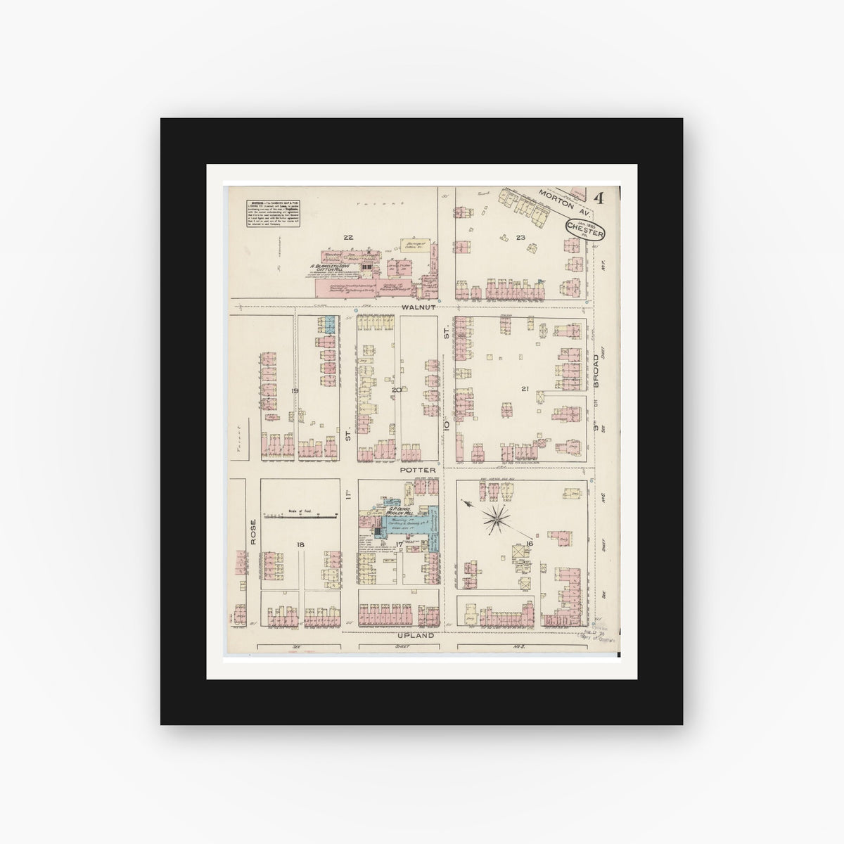 Old map wall art mockup — black gallery frame with white mat — Sanborn Fire Insurance Map from Chester, Delaware County, Pennsylvania (1885), Sheet #0004