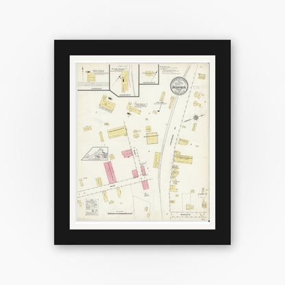 Old map wall art mockup — black gallery frame with white mat — Sanborn Fire Insurance Map from Brookneal, Campbell County, Virginia (1913), Sheet #0001