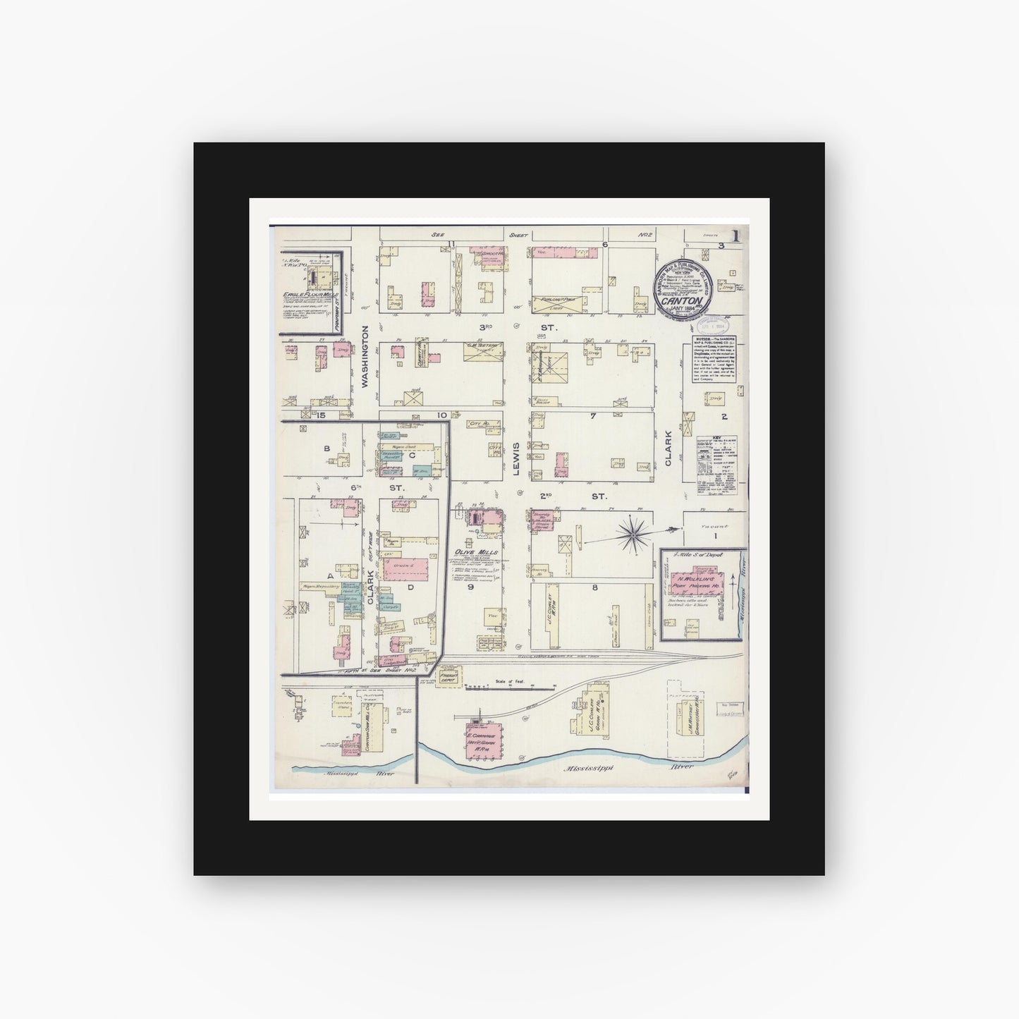 Old map wall art mockup — black gallery frame with white mat — Sanborn Fire Insurance Map from Canton, Lewis County, Missouri (1884) - Complete Map Set