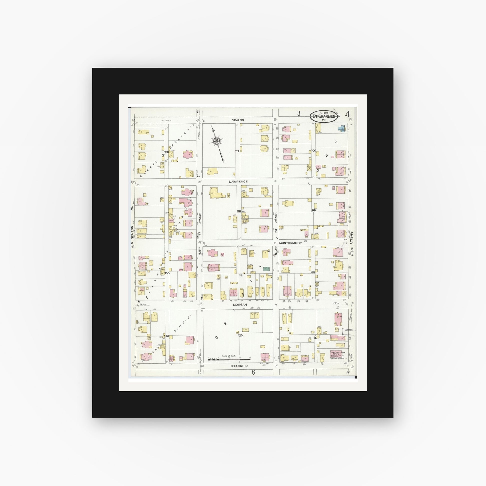 Old map wall art mockup — black gallery frame with white mat — Sanborn Fire Insurance Map from Saint Charles, Saint Charles County, Missouri (1909), Sheet #0004