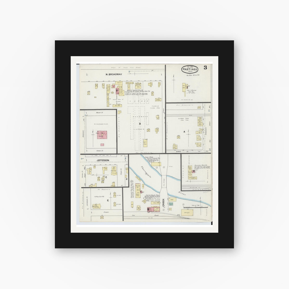 Old map wall art mockup — black gallery frame with white mat — Sanborn Fire Insurance Map from Hastings, Barry County, Michigan (1891), Sheet #0003
