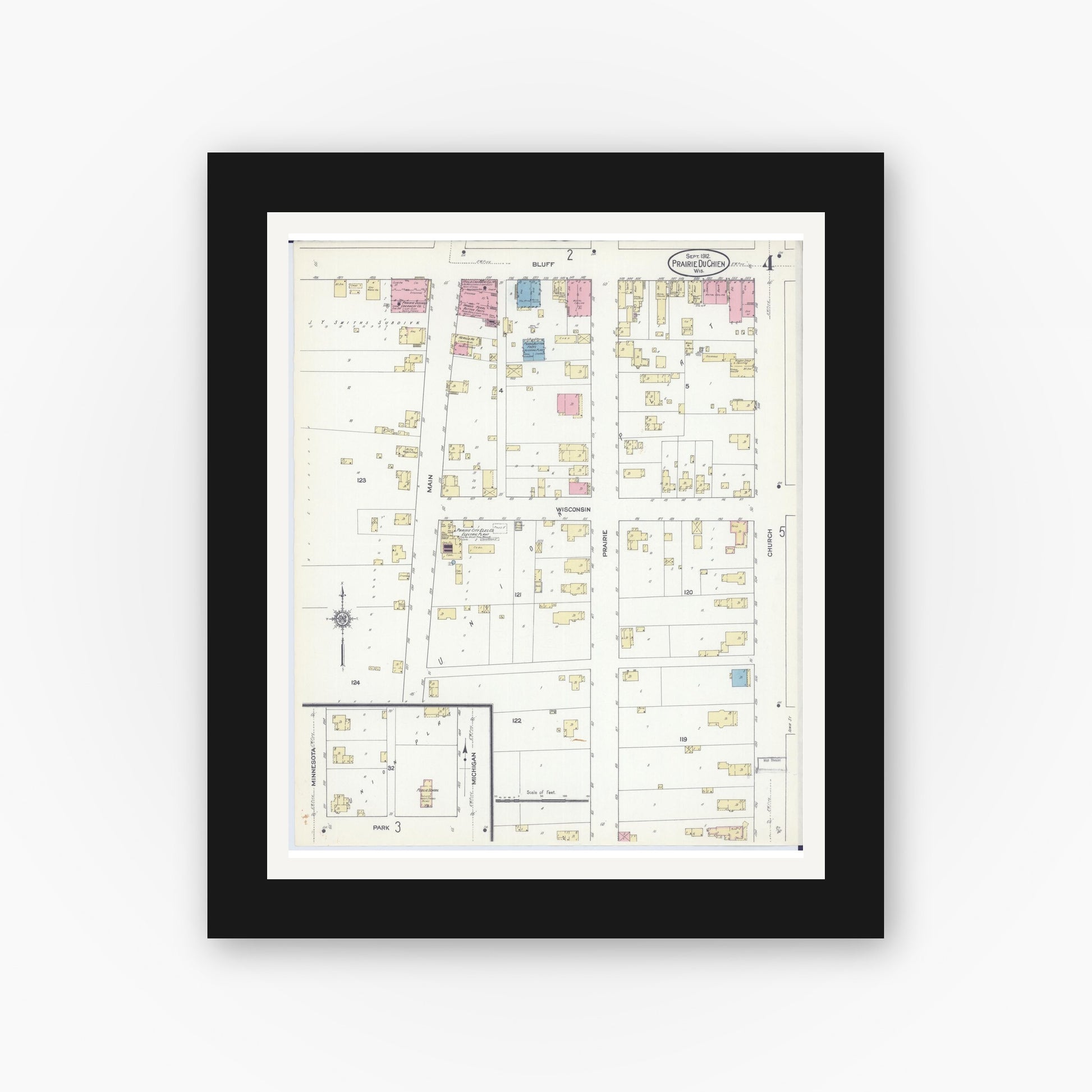 Old map wall art mockup — black gallery frame with white mat — Sanborn Fire Insurance Map from Prairie du Chien, Crawford County, Wisconsin (1912), Sheet #0004