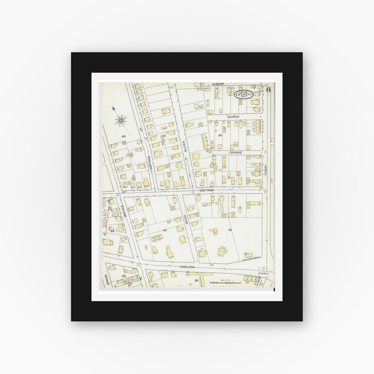 Old map wall art mockup — black gallery frame with white mat — Sanborn Fire Insurance Map from Everett, Middlesex County, Massachusetts (1892), Sheet #0006
