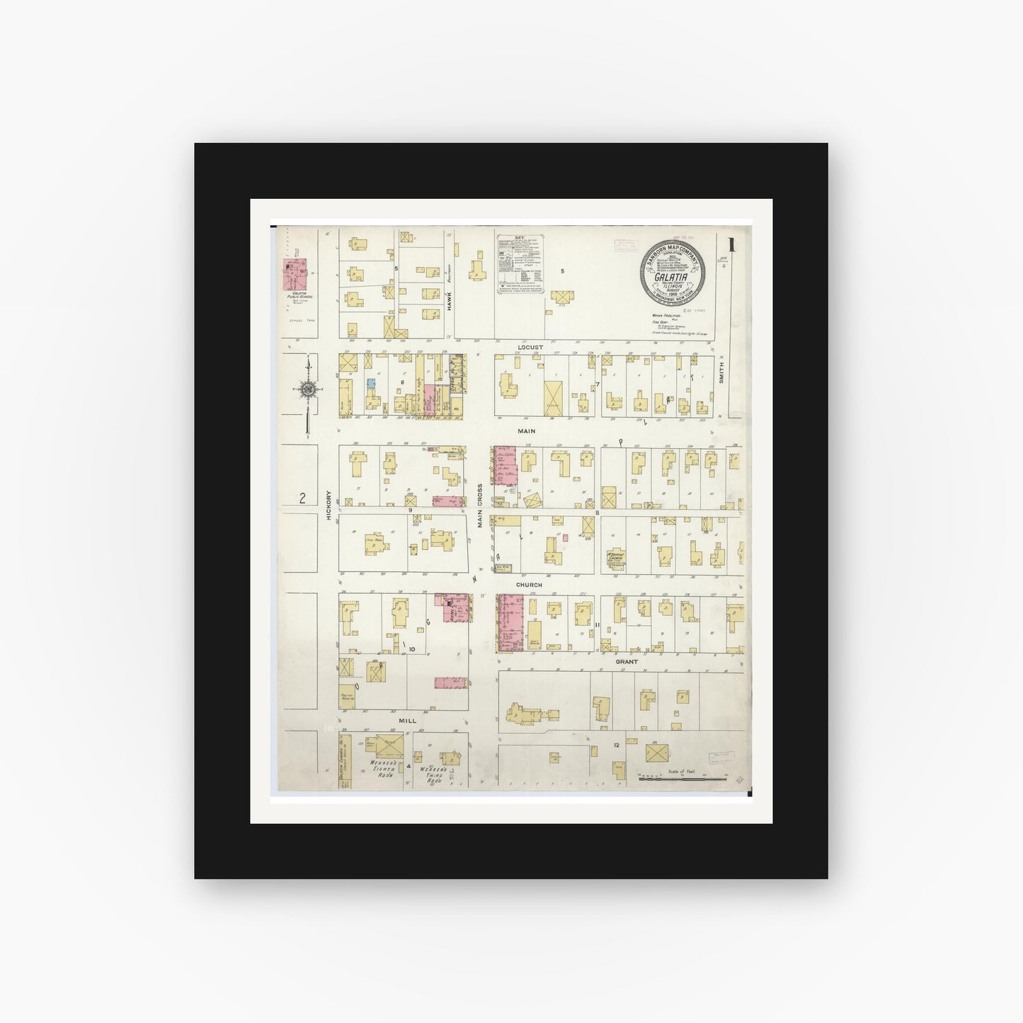 Old map wall art mockup — black gallery frame with white mat — Sanborn Fire Insurance Map from Galatia, Saline County, Illinois (1910) - Complete Map Set