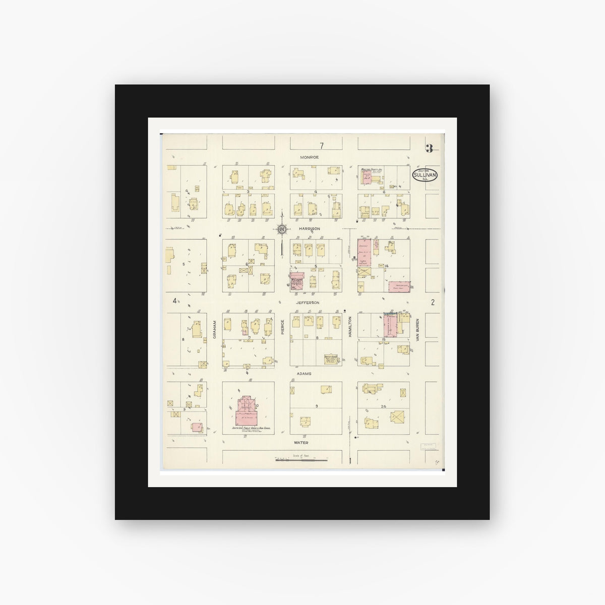 Old map wall art mockup — black gallery frame with white mat — Sanborn Fire Insurance Map from Sullivan, Moultrie County, Illinois (1914), Sheet #0003