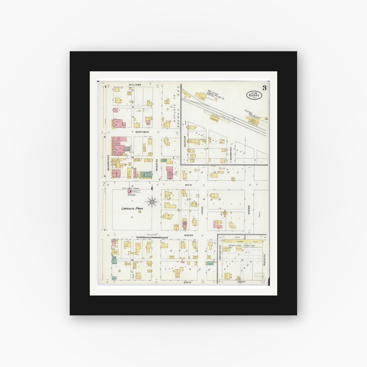 Old map wall art mockup — black gallery frame with white mat — Sanborn Fire Insurance Map from Barry, Pike County, Illinois (1898), Sheet #0003