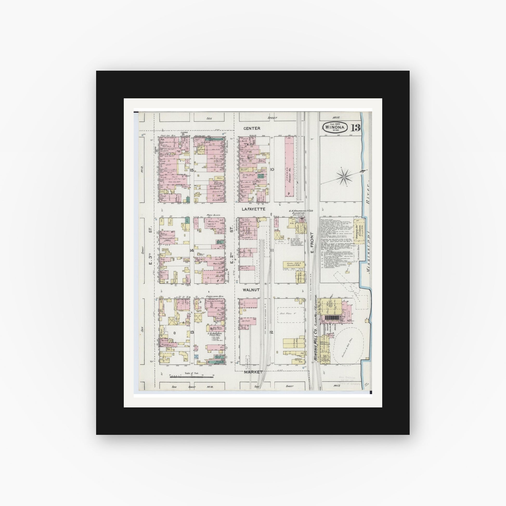 Old map wall art mockup — black gallery frame with white mat — Sanborn Fire Insurance Map from Winona, Winona County, Minnesota (1889), Sheet #0013