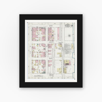 Old map wall art mockup — black gallery frame with white mat — Sanborn Fire Insurance Map from Winona, Winona County, Minnesota (1889), Sheet #0013