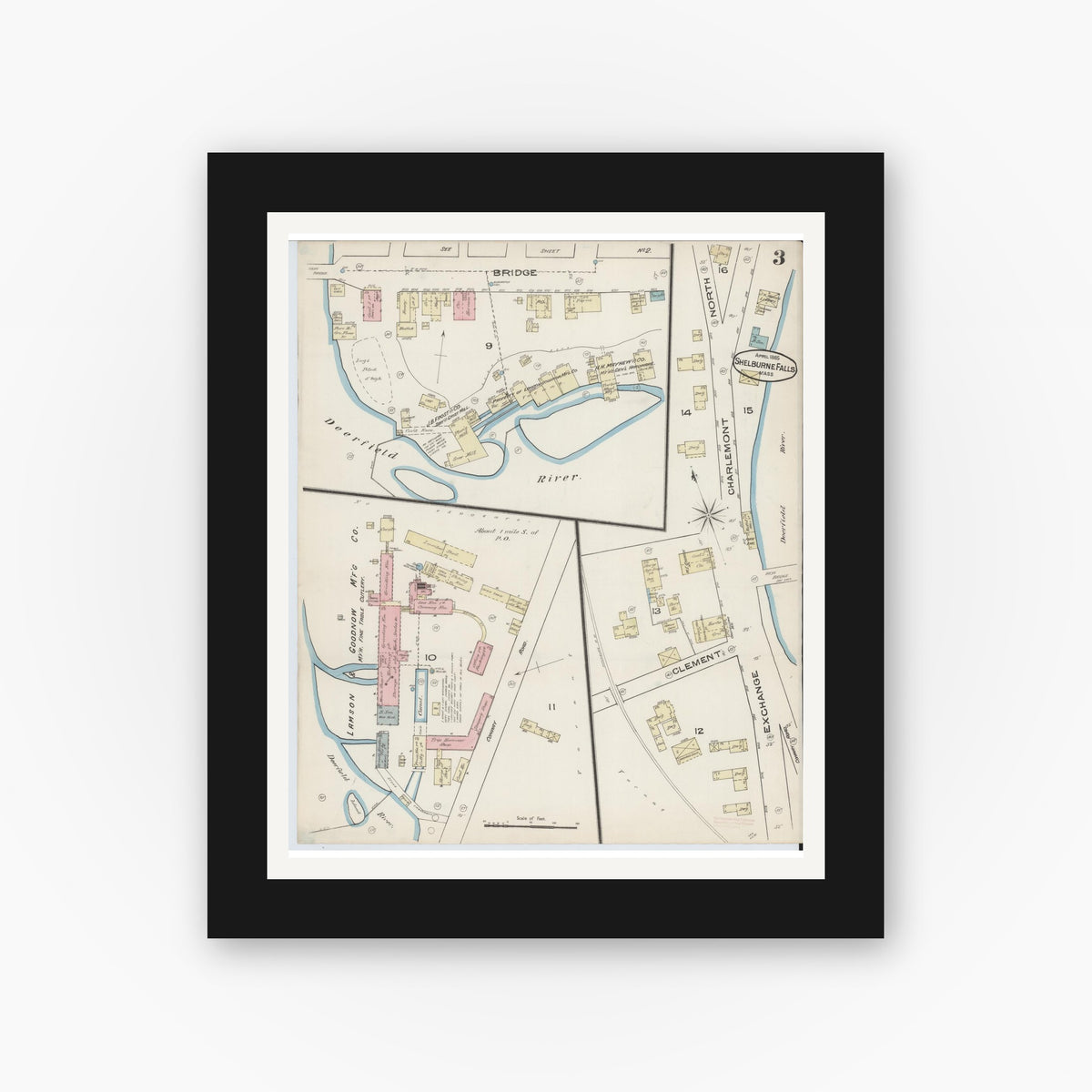 Old map wall art mockup — black gallery frame with white mat — Sanborn Fire Insurance Map from Shelburne Falls, Franklin County, Massachusetts (1885), Sheet #0003