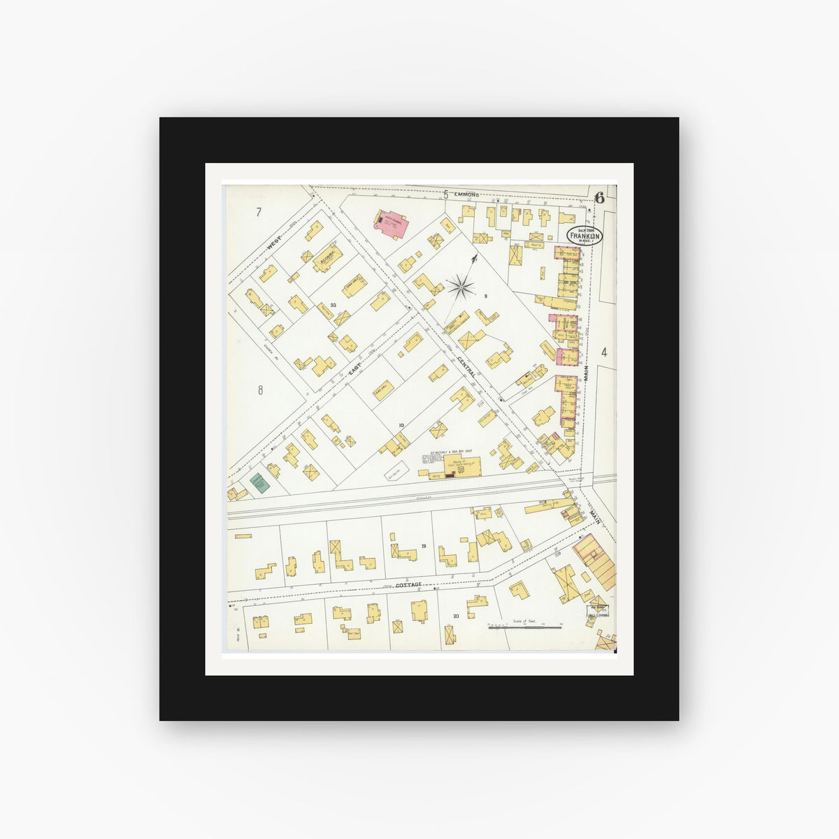 Old map wall art mockup — black gallery frame with white mat — Sanborn Fire Insurance Map from Franklin, Norfolk County, Massachusetts (1904), Sheet #0006
