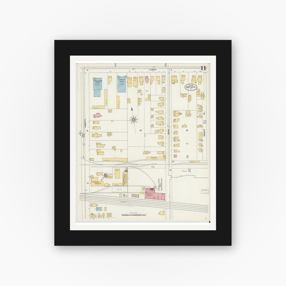 Old map wall art mockup — black gallery frame with white mat — Sanborn Fire Insurance Map from Batavia, Genesee County, New York (1901), Sheet #0011