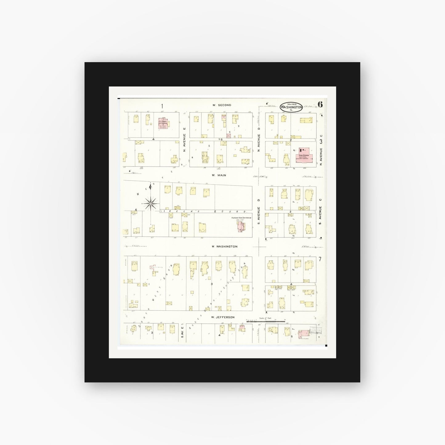 Old map wall art mockup — black gallery frame with white mat — Sanborn Fire Insurance Map from Washington, Washington County, Iowa (1909), Sheet #0006